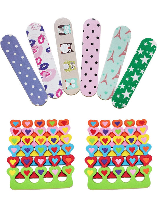 ZMOI 6 limas de uñas coloridas de esmeril mini femeninas + 6 pares de separadores de dedos con diseño de corazón, kit de manicura y pedicura