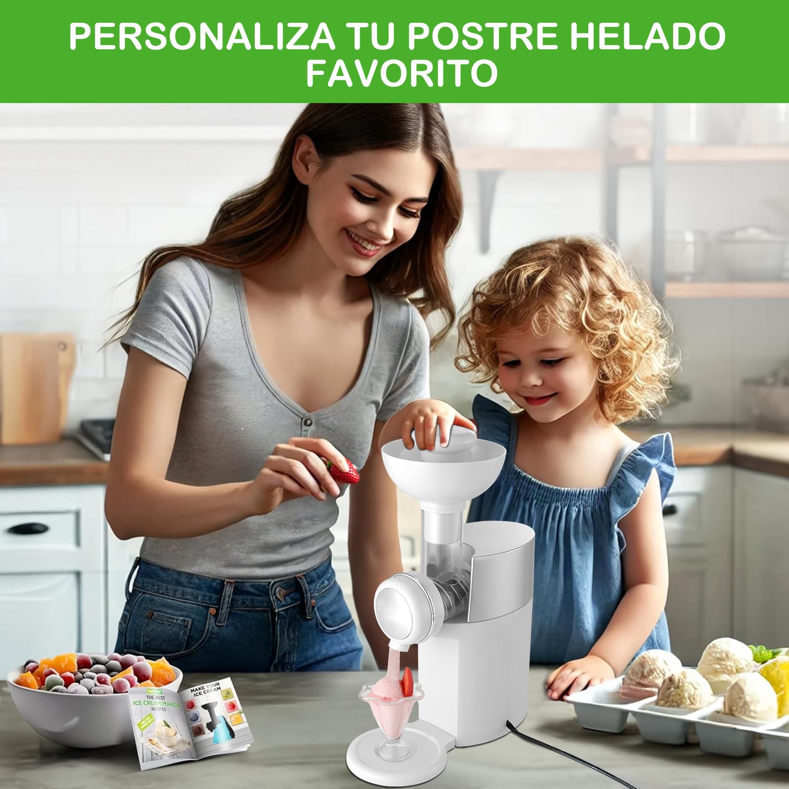 Maquina de Helados, OUDAR Maquina para Hacer Helados Electrico, Máquina de Helados con Instrucciones de Uso, Ice Cream Maker. (Blanco)