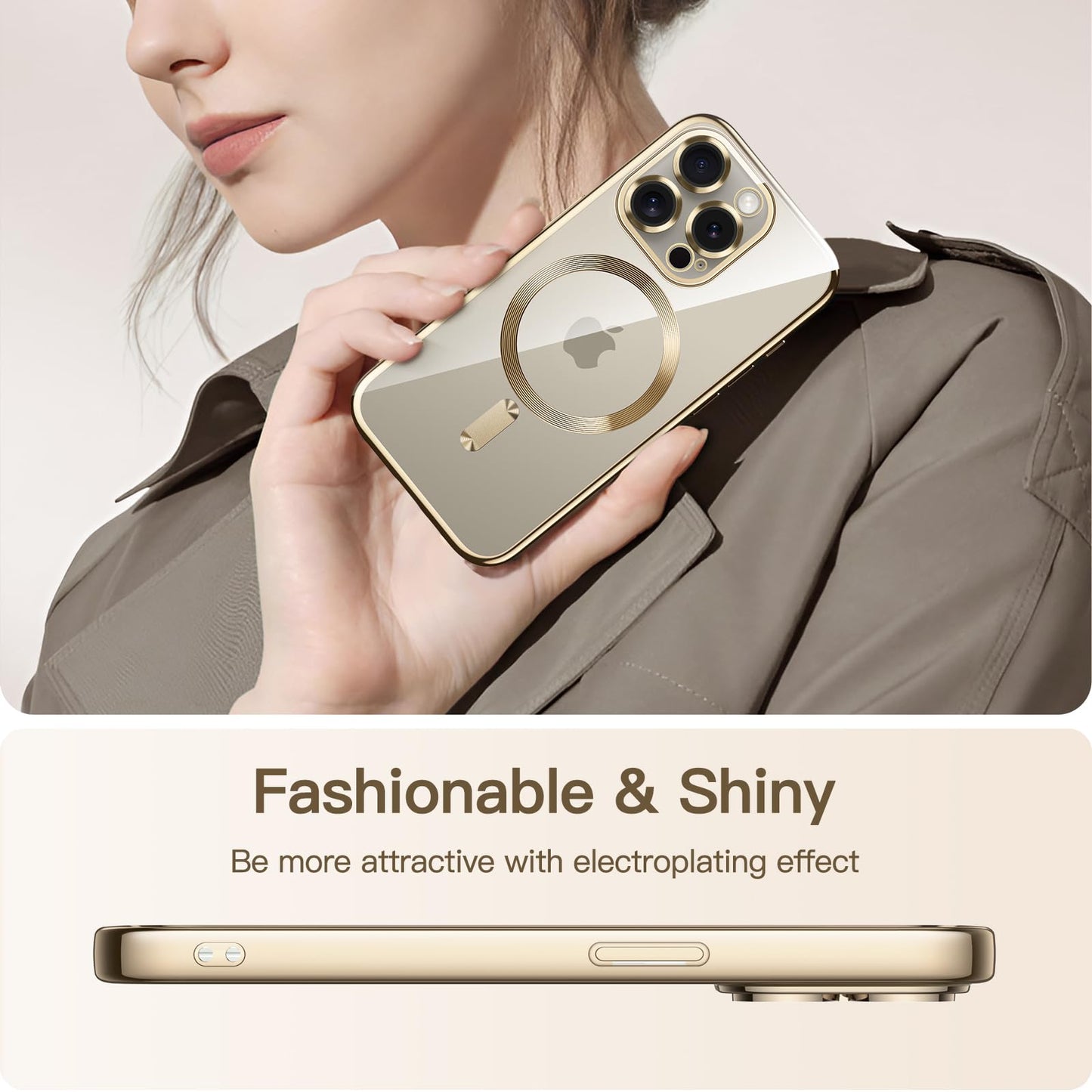 JETech Funda Suave Claro para iPhone 15 Pro MAX 6.7 Pulgadas, Lente Cámara Protección Completa, Compatible con MagSafe Carga Inalámbrica, Carcasa TPU Galvanizada Antigolpes (Oro)