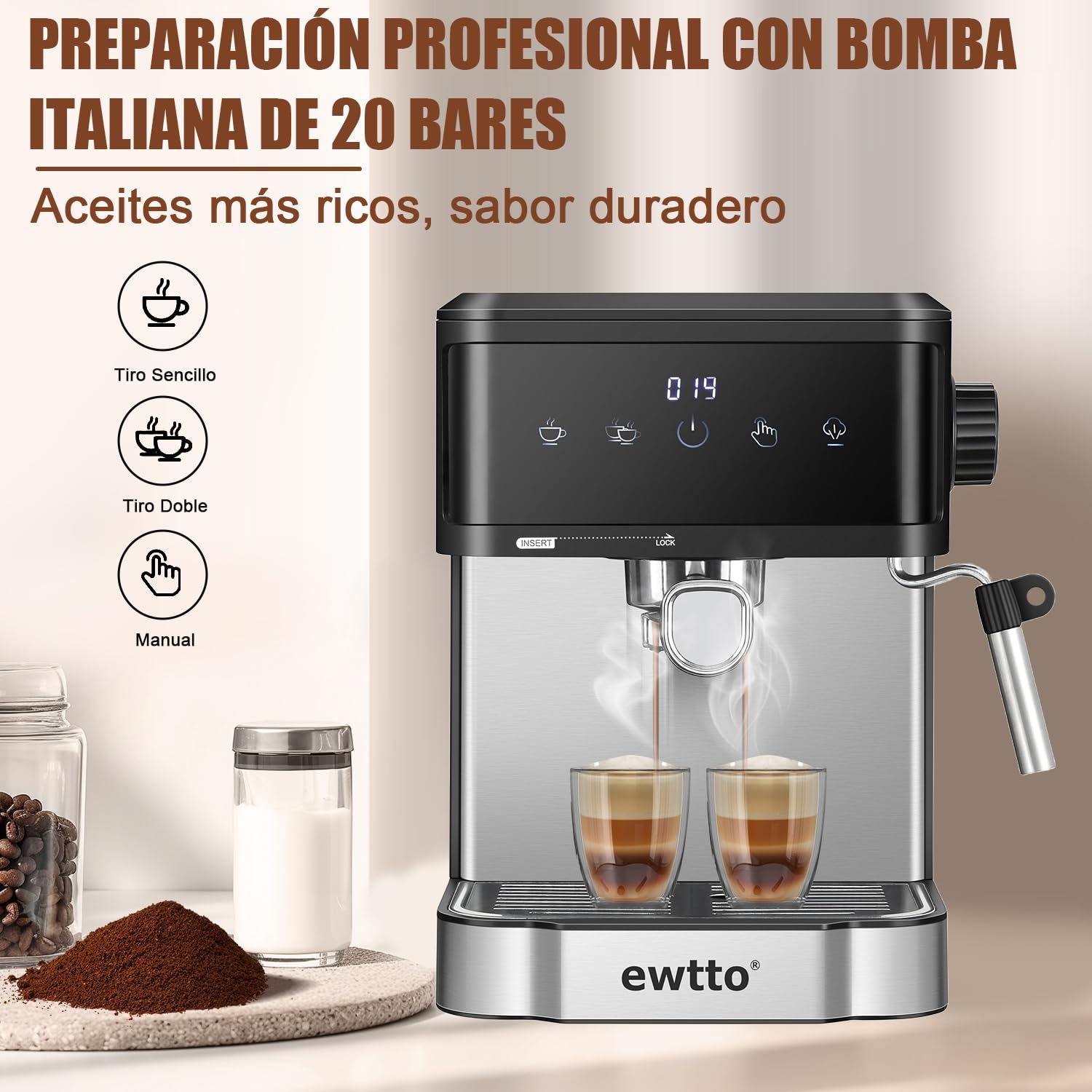 Cafetera Automática de Espresso，Cafetera Espresso y Cappuccino con Espumador de Leche, Pantalla Táctil Máquina de Café Profesional de Capuchinos Mocha y Latte, 1.7L, 20 Bares, 850W