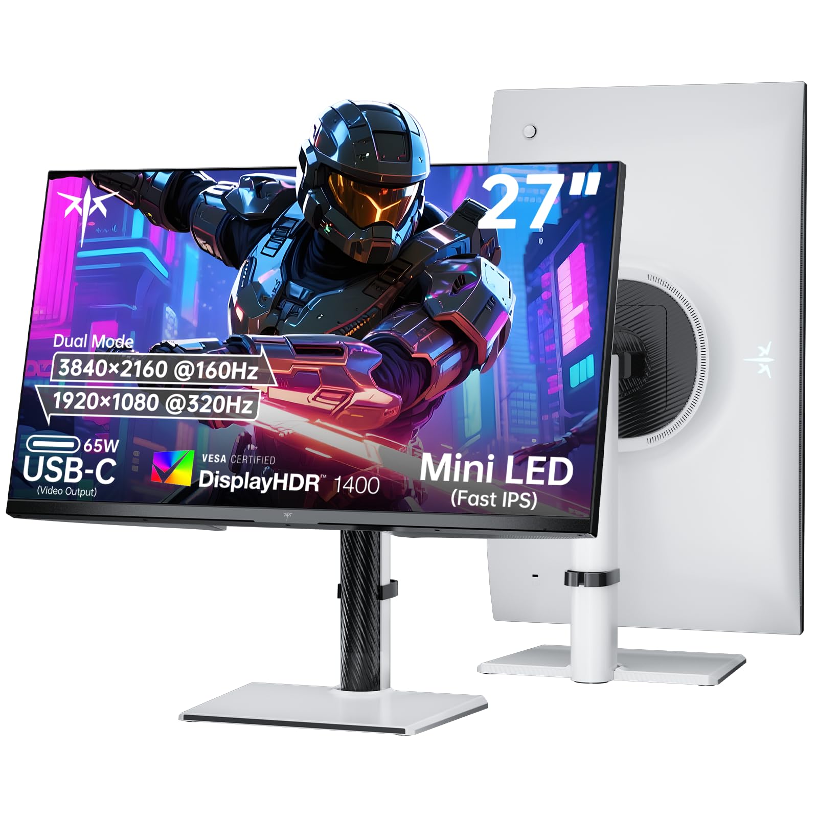 KTC Monitor Mini LED de 27 Pulgadas de Doble Modo - 4K UHD a 160Hz y 65W Monitor de 1080P FHD a 320Hz para Juegos, Puerto Type-C, Panel IPS Rápido HDR1400, Sincronización Adaptativa, HDMI 2.1 y DP 1.4