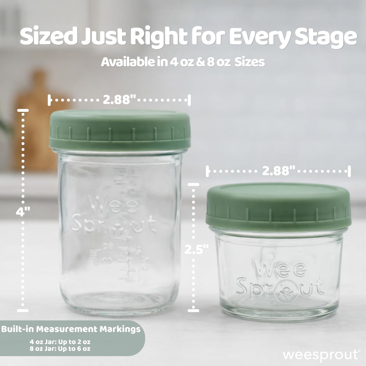 WeeSprout Tarros de almacenamiento de comida para bebé de vidrio - Juego de 12, tarros de comida para bebé de 4 oz/8 oz, tapas de plástico, almacenamiento en congelador, contenedores de vidrio