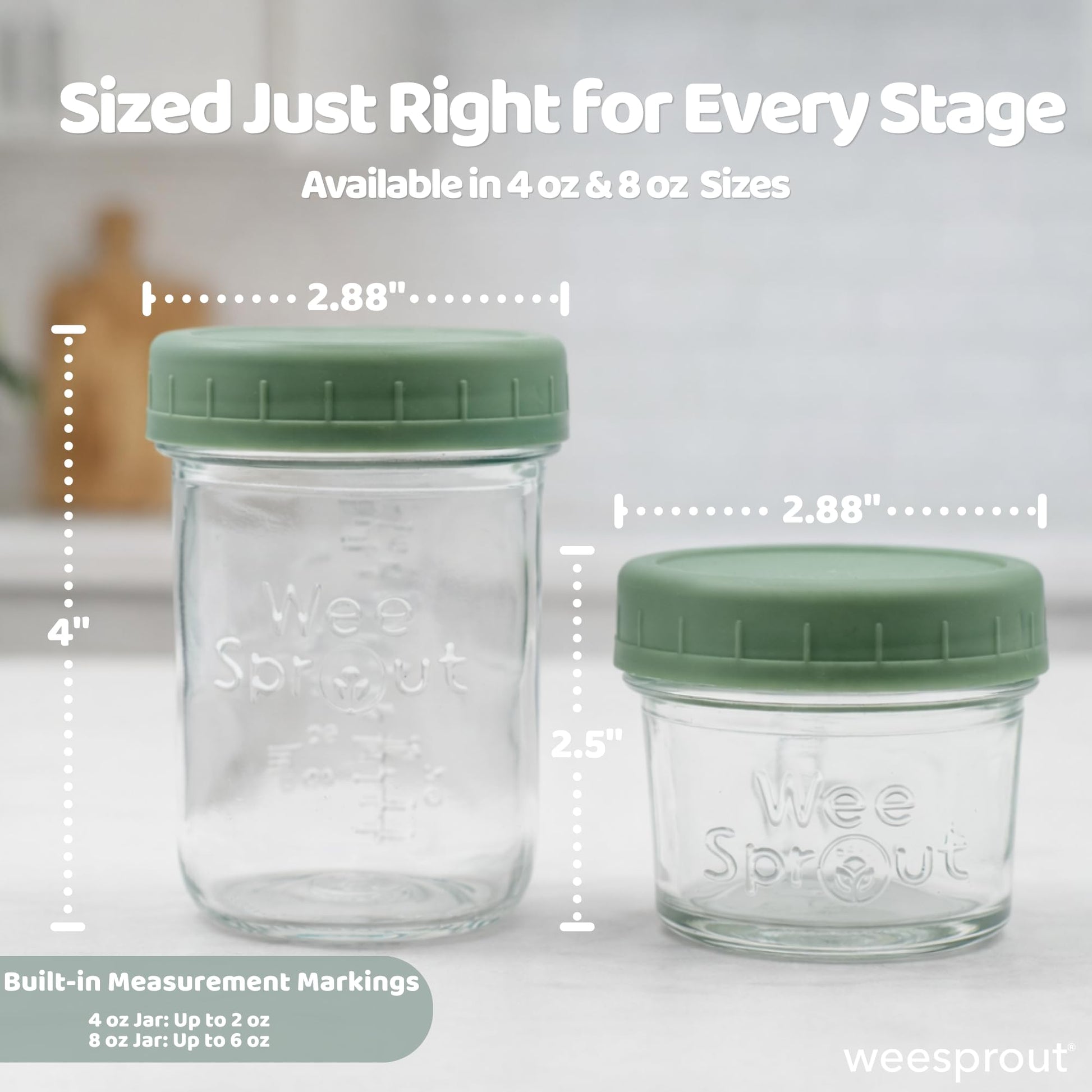WeeSprout Tarros de almacenamiento de comida para bebé de vidrio - Juego de 12, tarros de comida para bebé de 4 oz/8 oz, tapas de plástico, almacenamiento en congelador, contenedores de vidrio