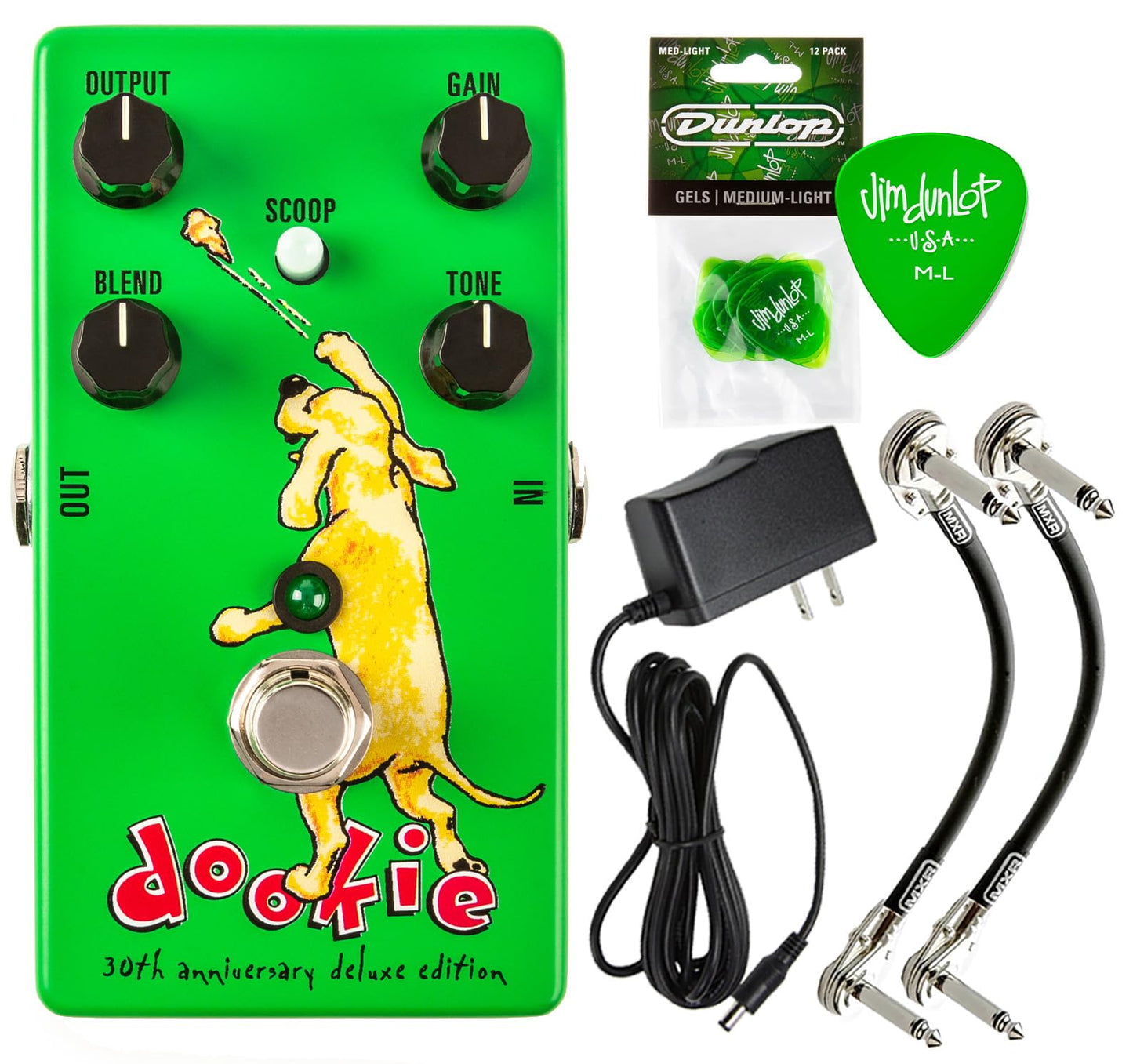 Pedal de Efectos MXR DD30 Green Day 30 Aniversario Deluxe Edition para Guitarra Verde con Fuente de Alimentación y Paquete de Púas
