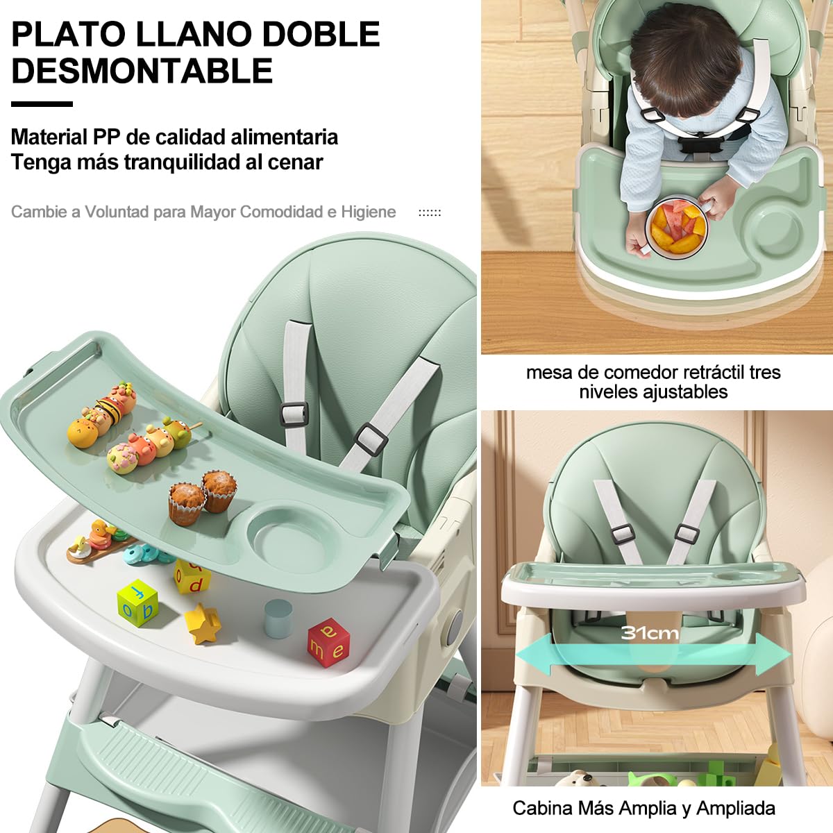 SLNXA Silla Alta para Bebé Multifuncional: Sillón y Mecedora en Uno con Ruedas Universales, Plato Llano Doble Extraíble, Cesta de Almacenamiento y Cojín de PU, Ajustable Plegable (Verde)