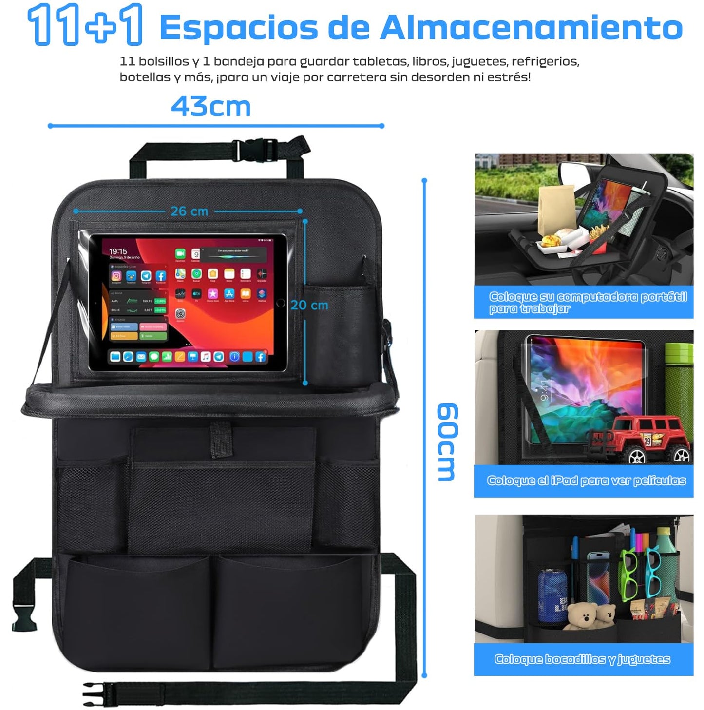 Organizador Asiento Trasero Auto con Bandeja, Bolsa de Almacenamiento para Asiento de Coche para Niños, Protector para Asiento Trasero Coche, Artículos Esenciales para Viajes Familiares por Carretera