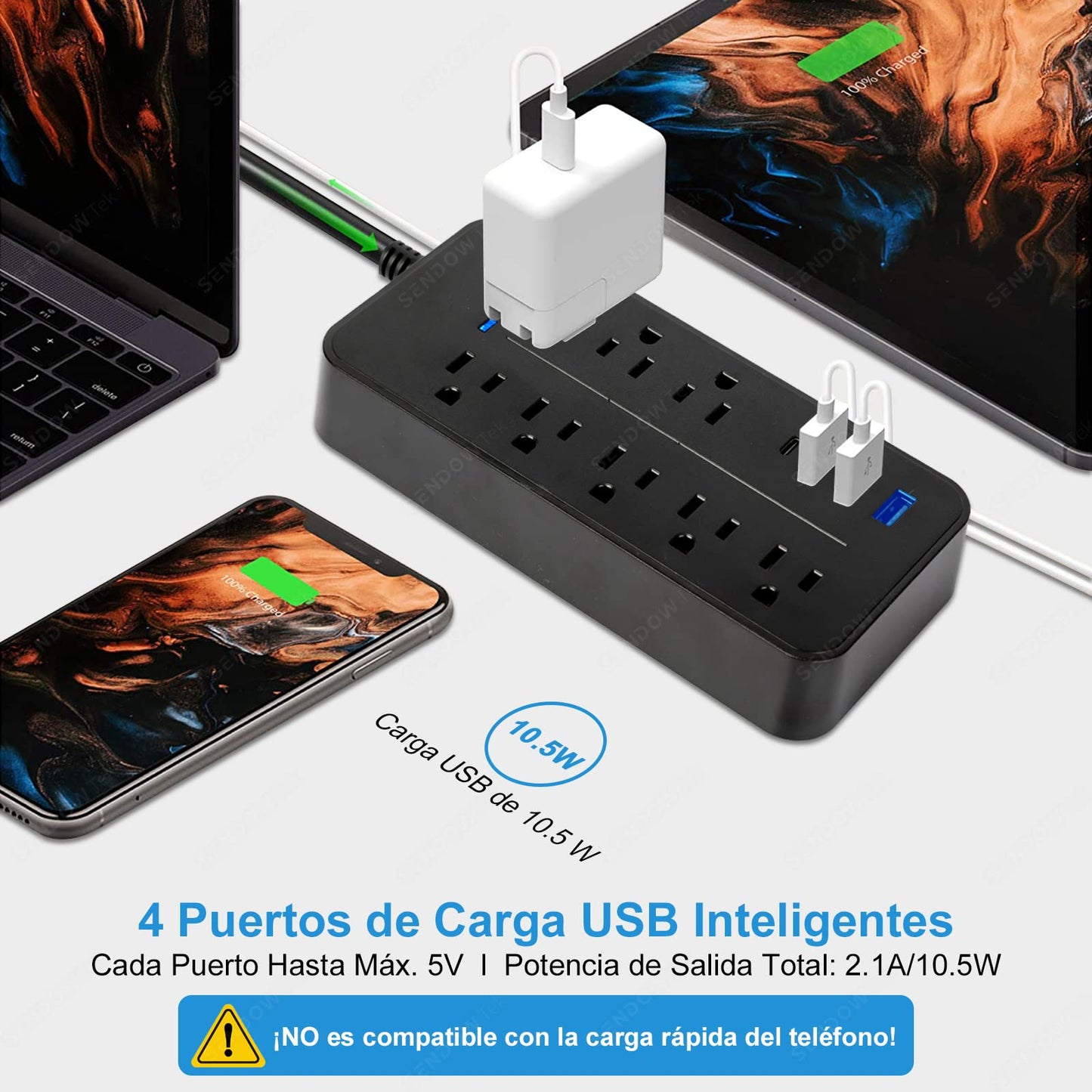 Sendowtek Multicontacto USB Regleta de Alimentación Regleta Enchufes USB con Cable de Extensión de 4Ft/1.2M Conector Multiple con 8 Tomas, 3 Puertos USB A y 1 Puerto Tipo-C, para Hogar y Oficina