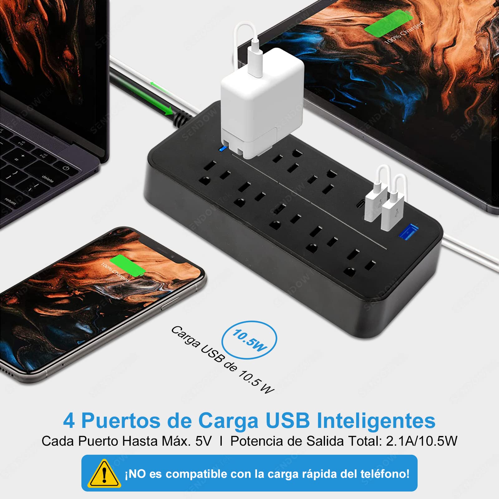 Sendowtek Multicontacto USB Regleta de Alimentación Regleta Enchufes USB con Cable de Extensión de 4Ft/1.2M Conector Multiple con 8 Tomas, 3 Puertos USB A y 1 Puerto Tipo-C, para Hogar y Oficina