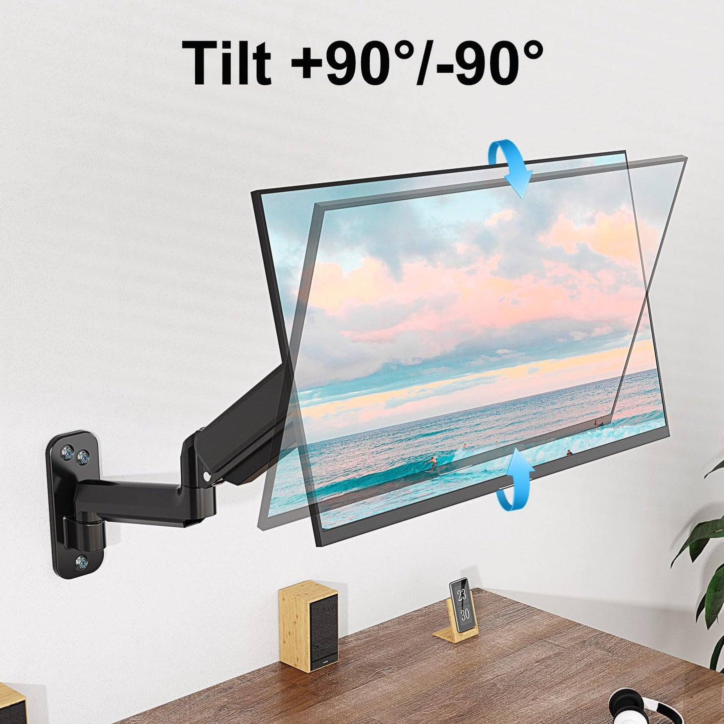 Soporte de Pared ErgoFocus Negro Ultra Ancho para Monitor de Hasta 35 Pulgadas con Brazo de Resorte de Gas