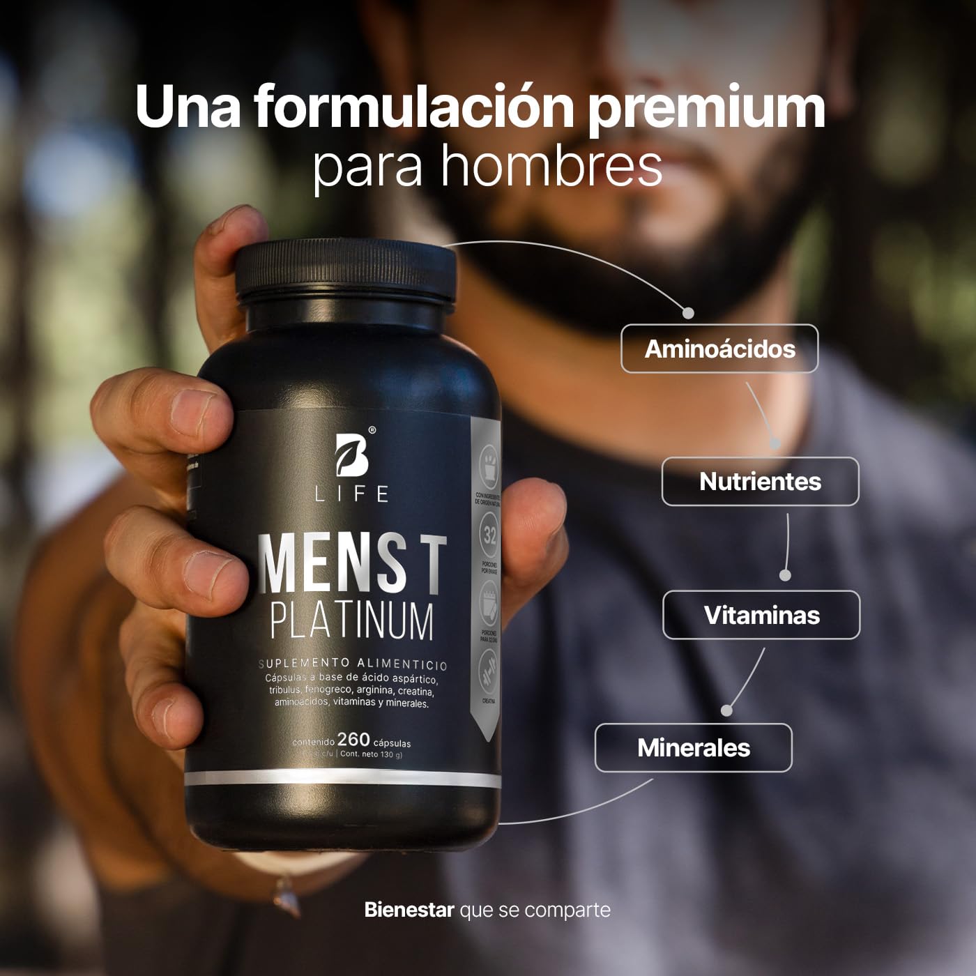 B Life | Fórmula Avanzada Platinum para Hombre | 260 Cápsulas 4000 mg por porción. Fenogreco, Creatina, Aminoácidos, Vitaminas y Minerales. Ingredientes naturales. Mens T Platinum.