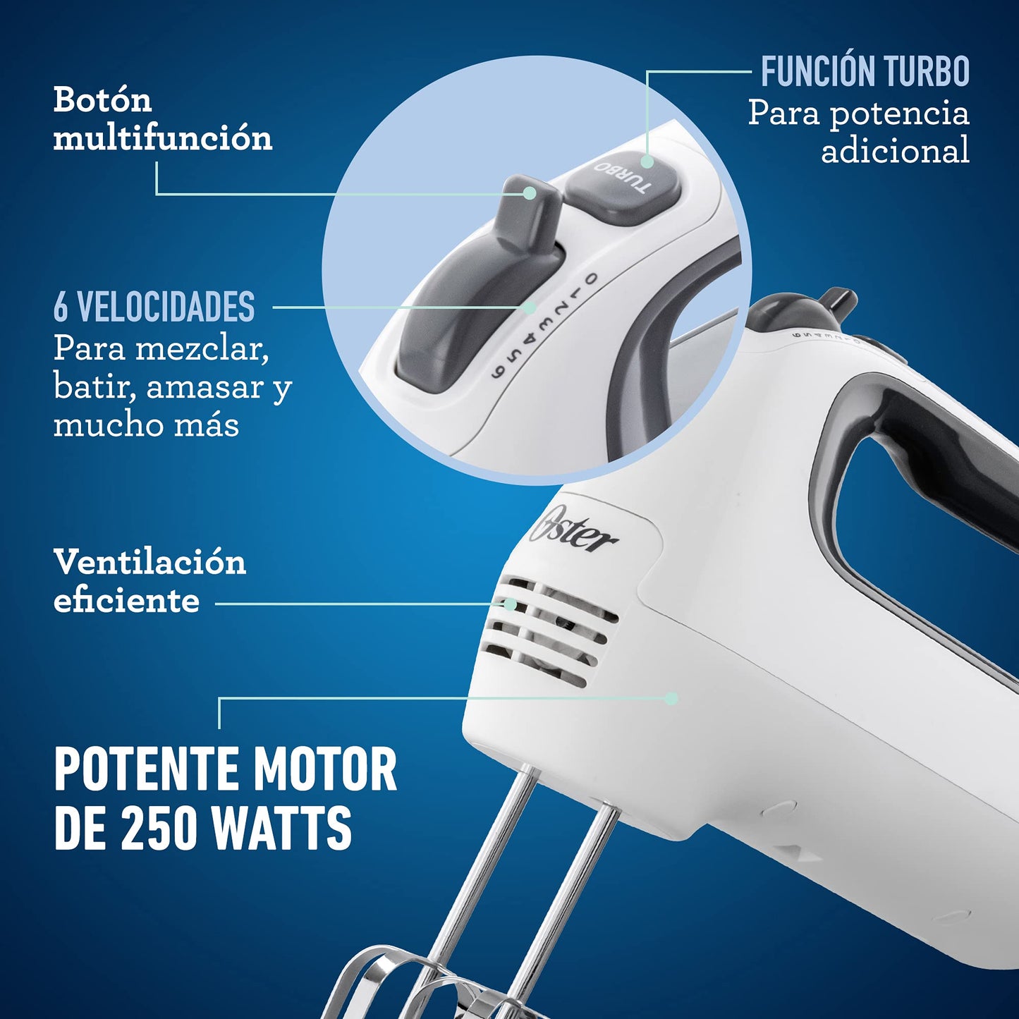 Batidora de Mano Oster blanca mango ergonómico 6 velocidades