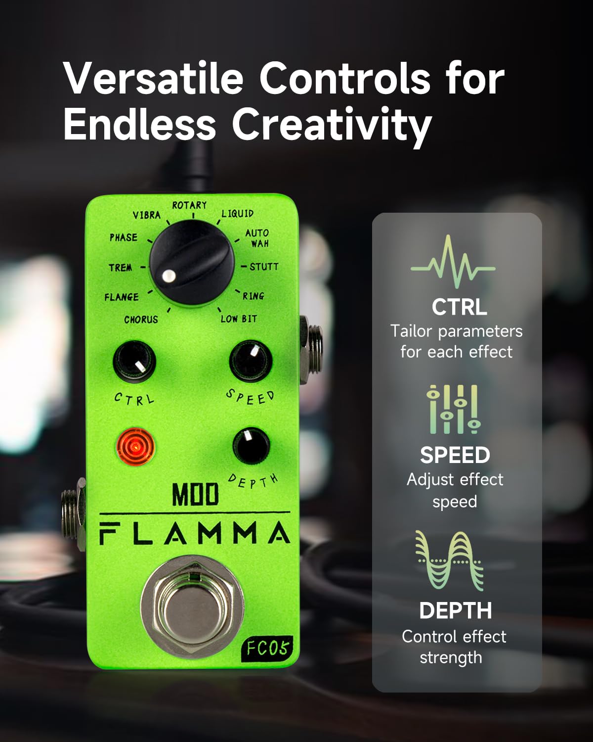 Pedal de Modulación Flamma FC05 Mini Multiefectos en Negro para Guitarra Eléctrica