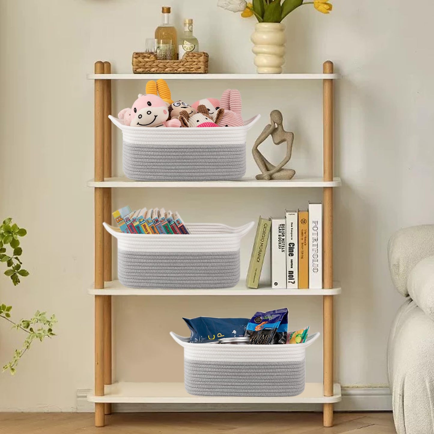 OIAHOMY Cesta tejida pequeña con bolsas de regalo y cintas, cesta de regalo vacía para bebé, cesta de almacenamiento con asas para orejas de gato para estante, sala de estar, baño, cesta de juguetes