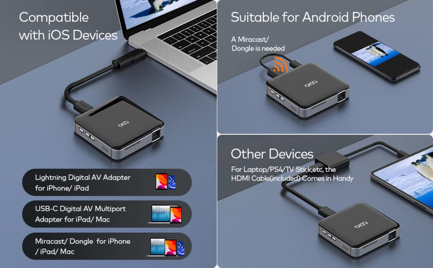 Mini Proyector de Bolsillo APIO Blanco de 100 Pulgadas con Imagen Clara para Hogar y Exteriores