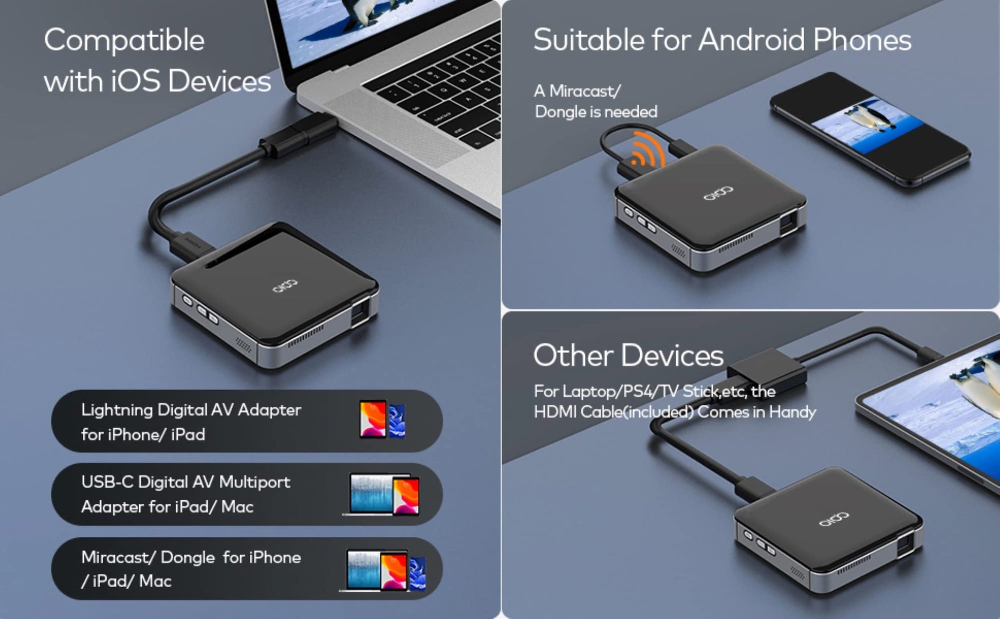 Mini Proyector de Bolsillo APIO Blanco de 100 Pulgadas con Imagen Clara para Hogar y Exteriores