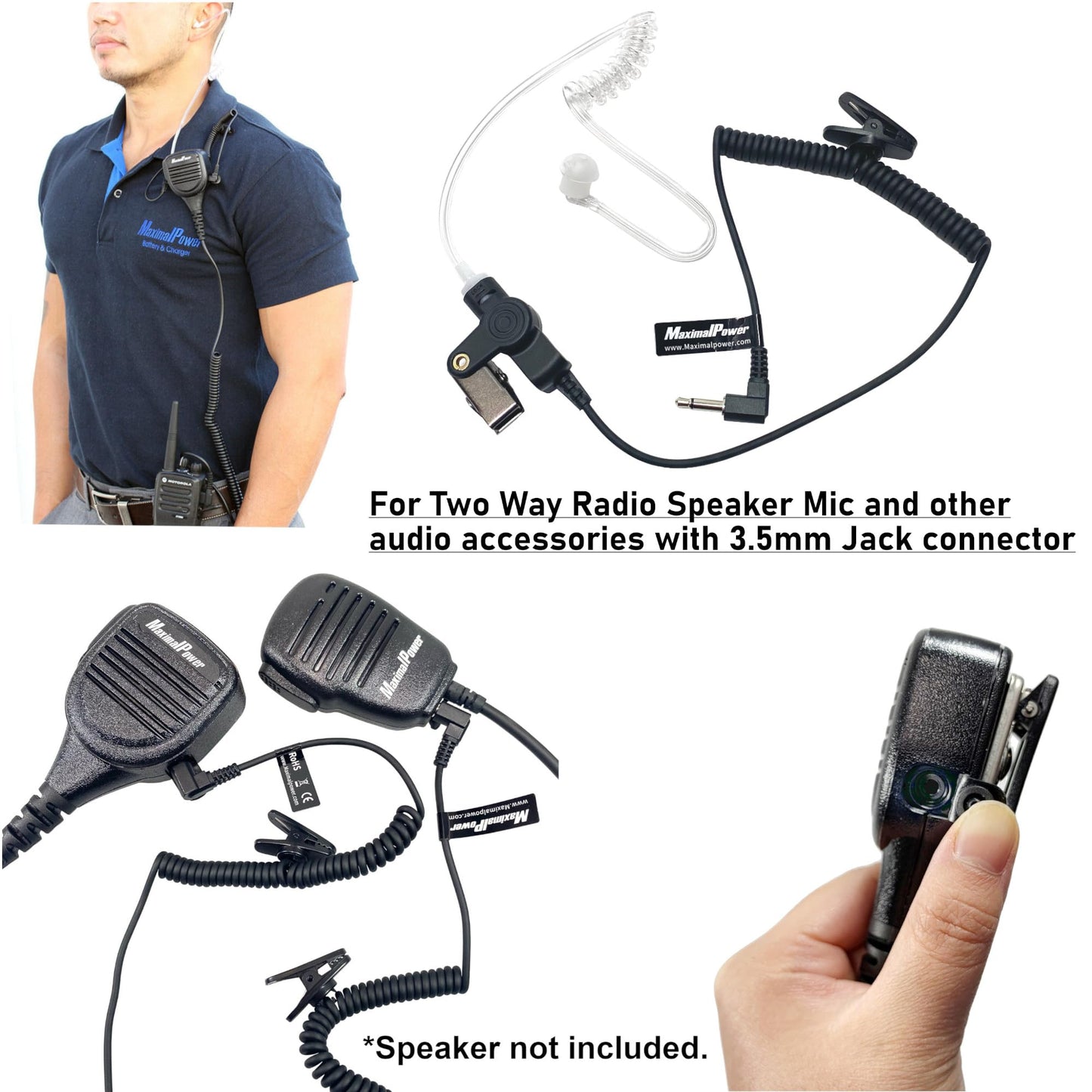 Auriculares de Vigilancia MaximalPower Transparentes con Tubo de Bobina Acústica 3,5 mm para Radios Bidireccionales (Paquete de 3)