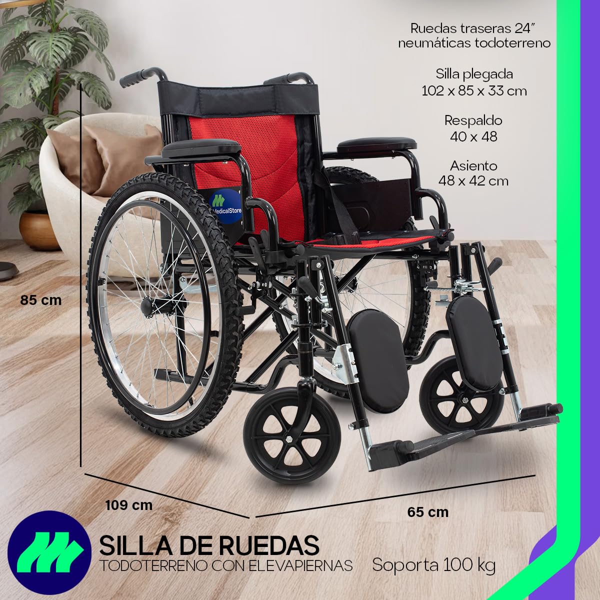 Silla de Ruedas Medical Store Roja Todo Terreno Lujo Acero Resistente Con Eleva Piernas y Descansabrazos Abatibles