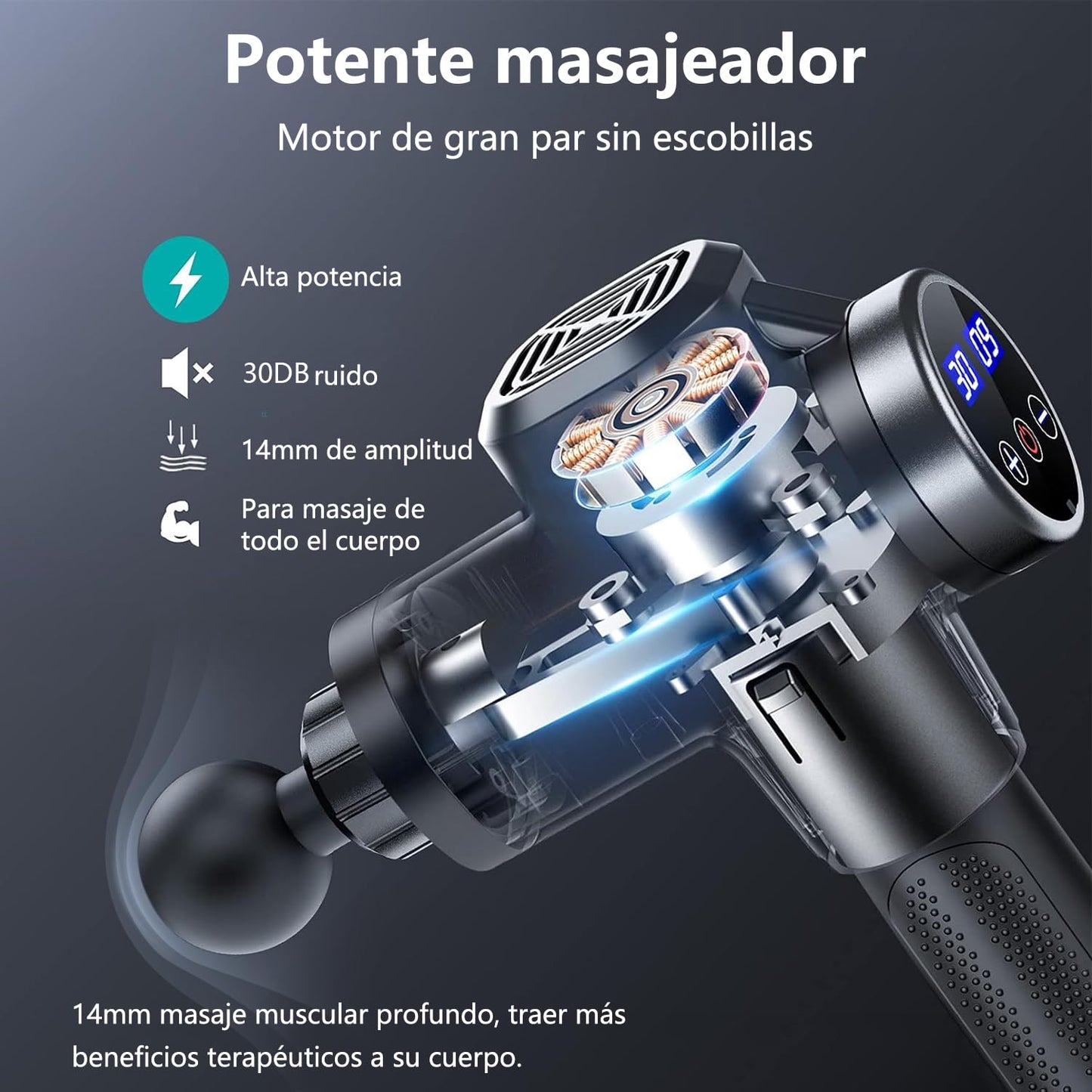 Pistola de Masaje Muscular,Masaje Eléctrico de Mano,30 Velocidades Ajustables，Masajeador Muscular de Tejido Profundo para Aliviar el Dolor,Masajeador de Espalda para Hombros,Cuello