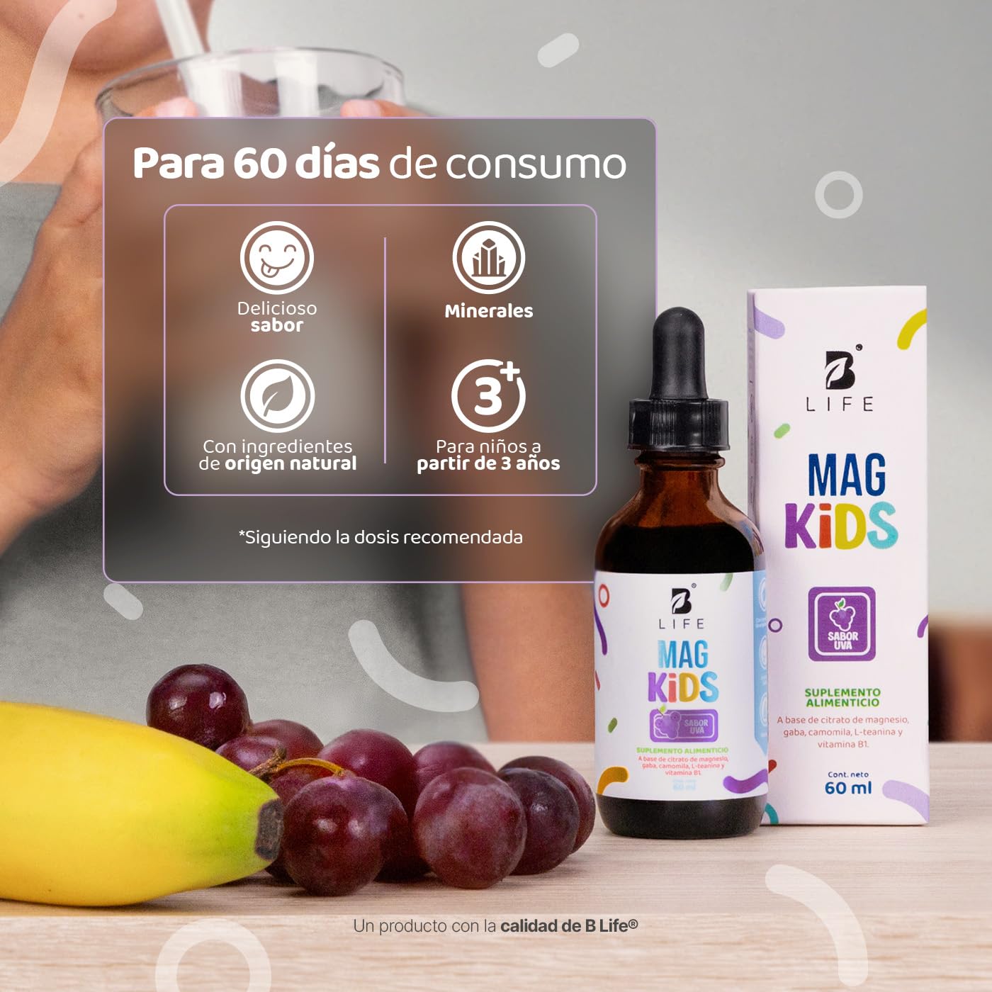 Citrato de Magnesio de 60 ml. 2 meses de consumo. Adicionado con Teanina, Vitamina B1 y Gaba para niños. Sabor Uva. Kids Mag. B Life.