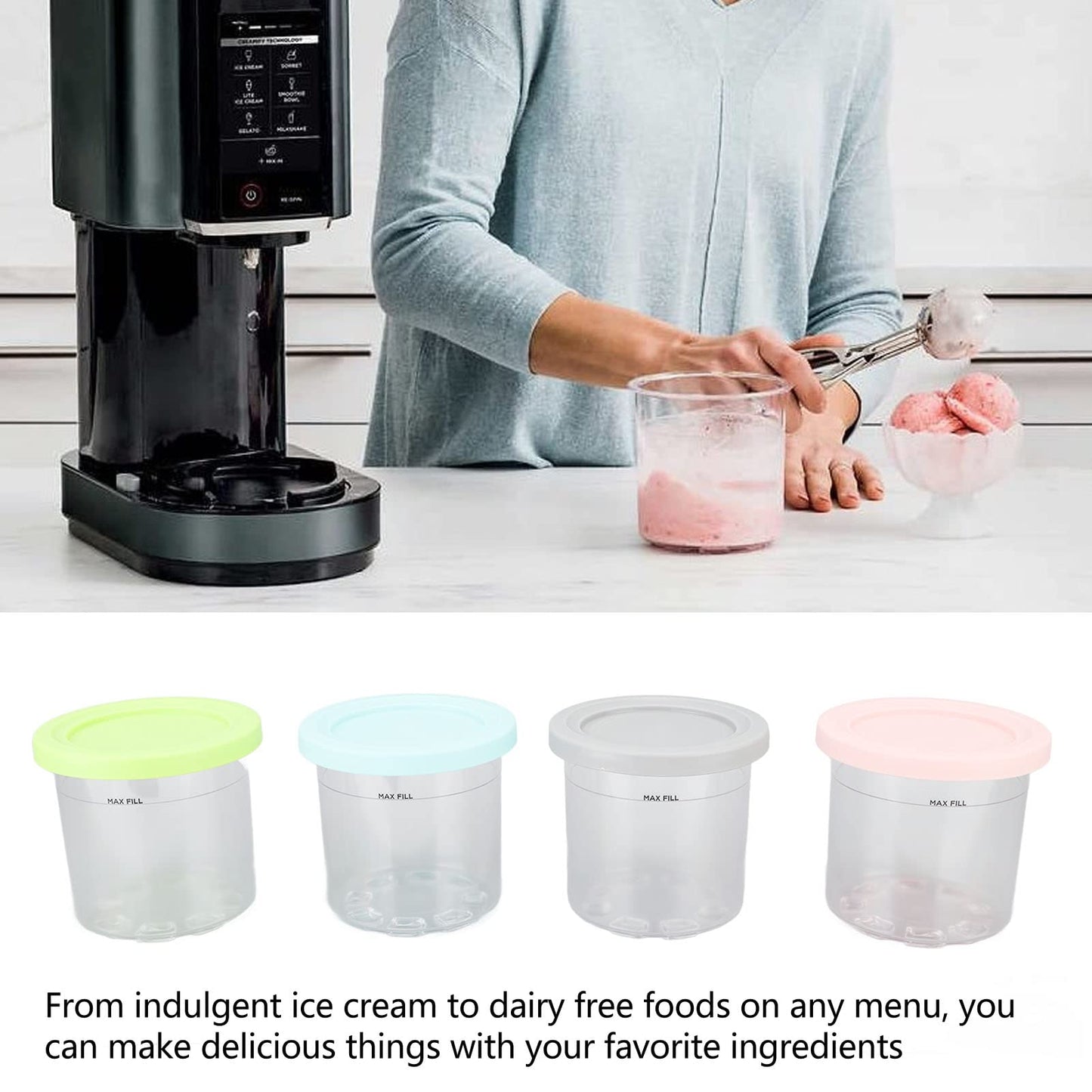 Contenedor de Pinta de Helado de Repuesto para Pintas y Tapas, Paquete de 4, Vasos de 20 Oz Compatibles con NC299AMZ y NC300s Series Ice Cream Maker, Apto para Lavavajillas