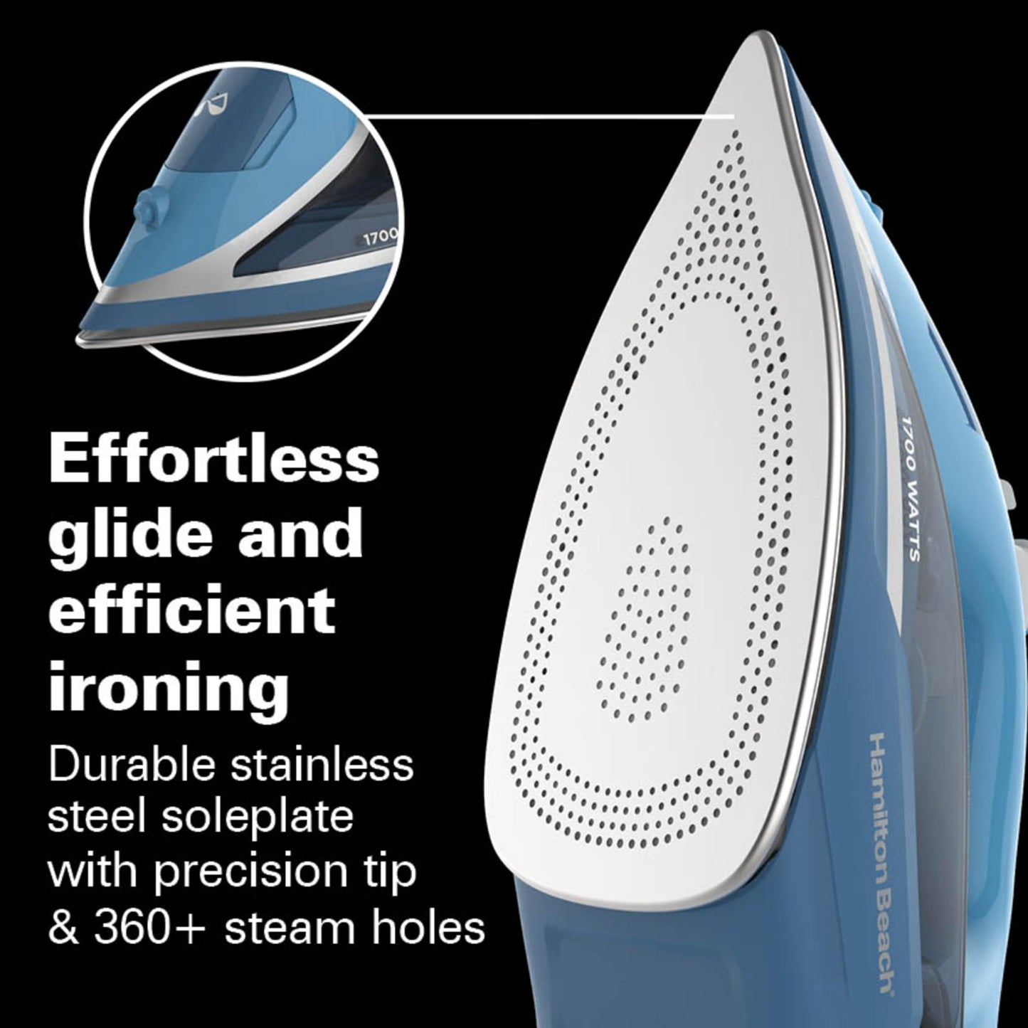 Hamilton Beach - Plancha de vapor para ropa y ropa con suela de acero inoxidable duradera, 1700 vatios para calor ultrarrápido, cable retráctil de 8 pies, apagado automático, tanque de agua de 350 ml,