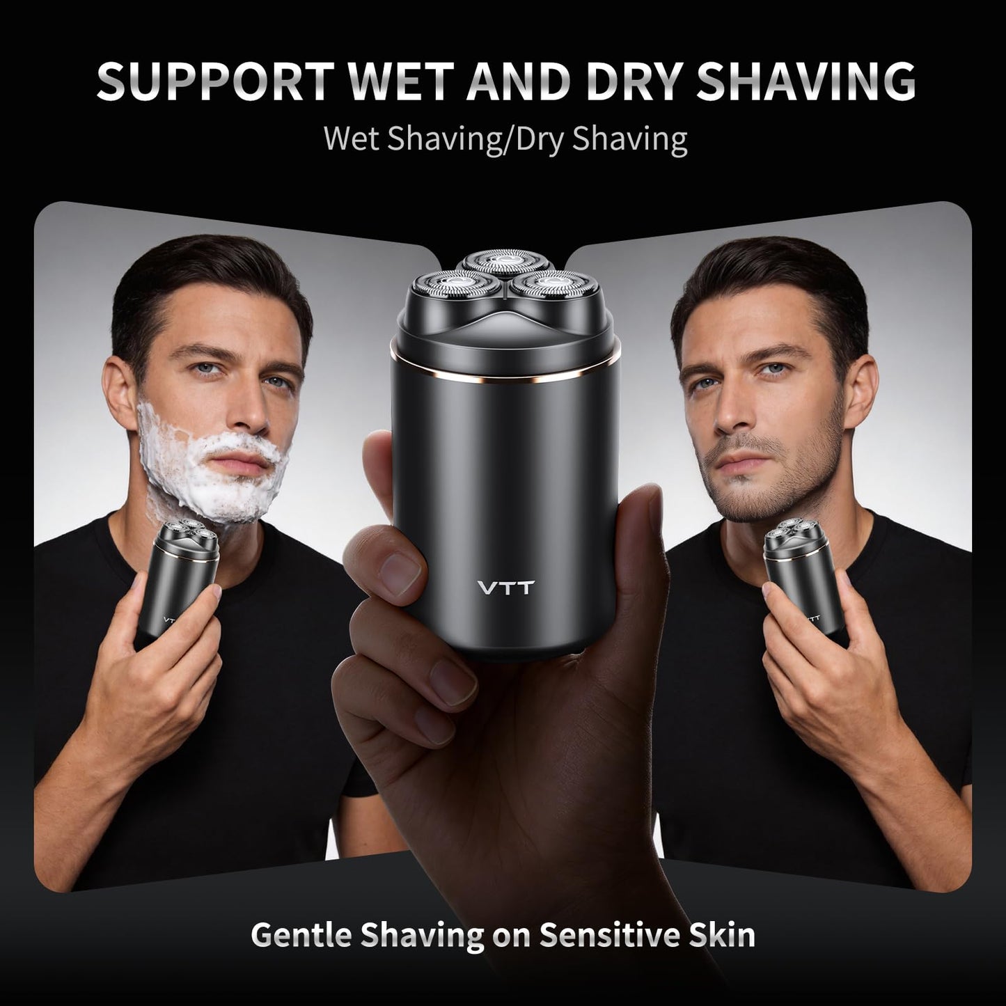 VTT - Maquinilla de afeitar eléctrica para hombres, afeitadora inalámbrica en húmedo y seco, IPX6 impermeable, cuchillas flotantes de 3 cabezales para afeitado suave en la piel sensible, afeitadora de