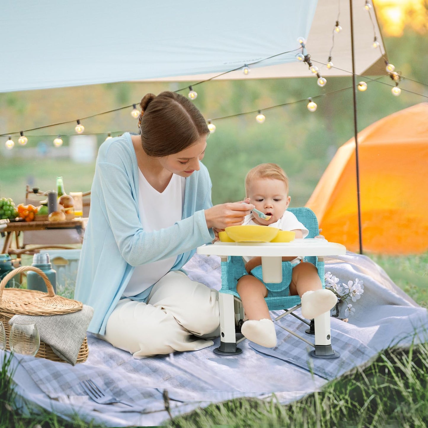 BabyBond - Asiento elevador de viaje para bebé con doble bandeja, silla de bebé portátil mejorada, asiento elevador para mesa de comedor, silla de bebé estable y plegable para interiores y exteriores