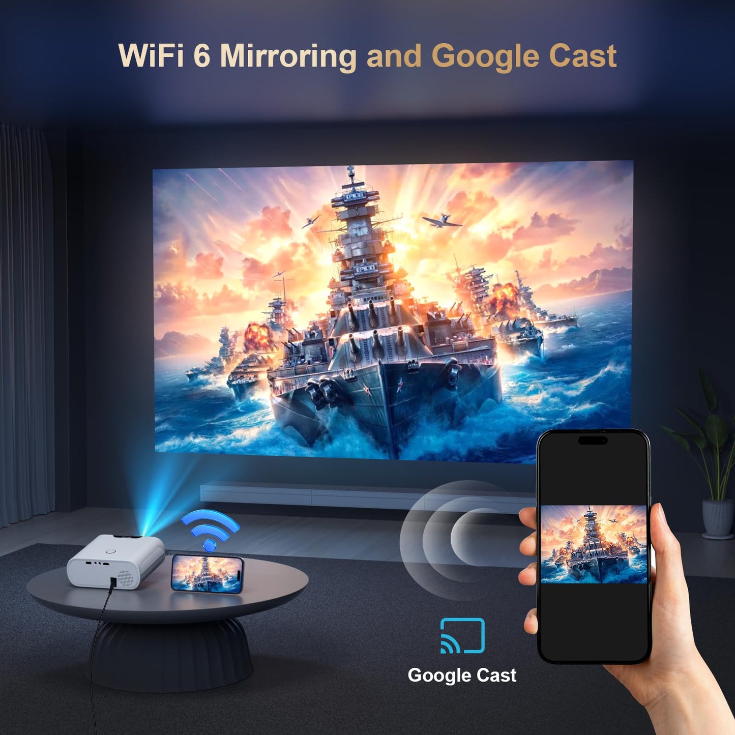 Proyector ANSI 1500 con WiFi y Bluetooth, Goiaey Proyector portátil inteligente compatible con GoogIe TV, aplicaciones oficiales integradas, voz GoogIe, audio DoIby, proyector de película HDMI ARC CEC