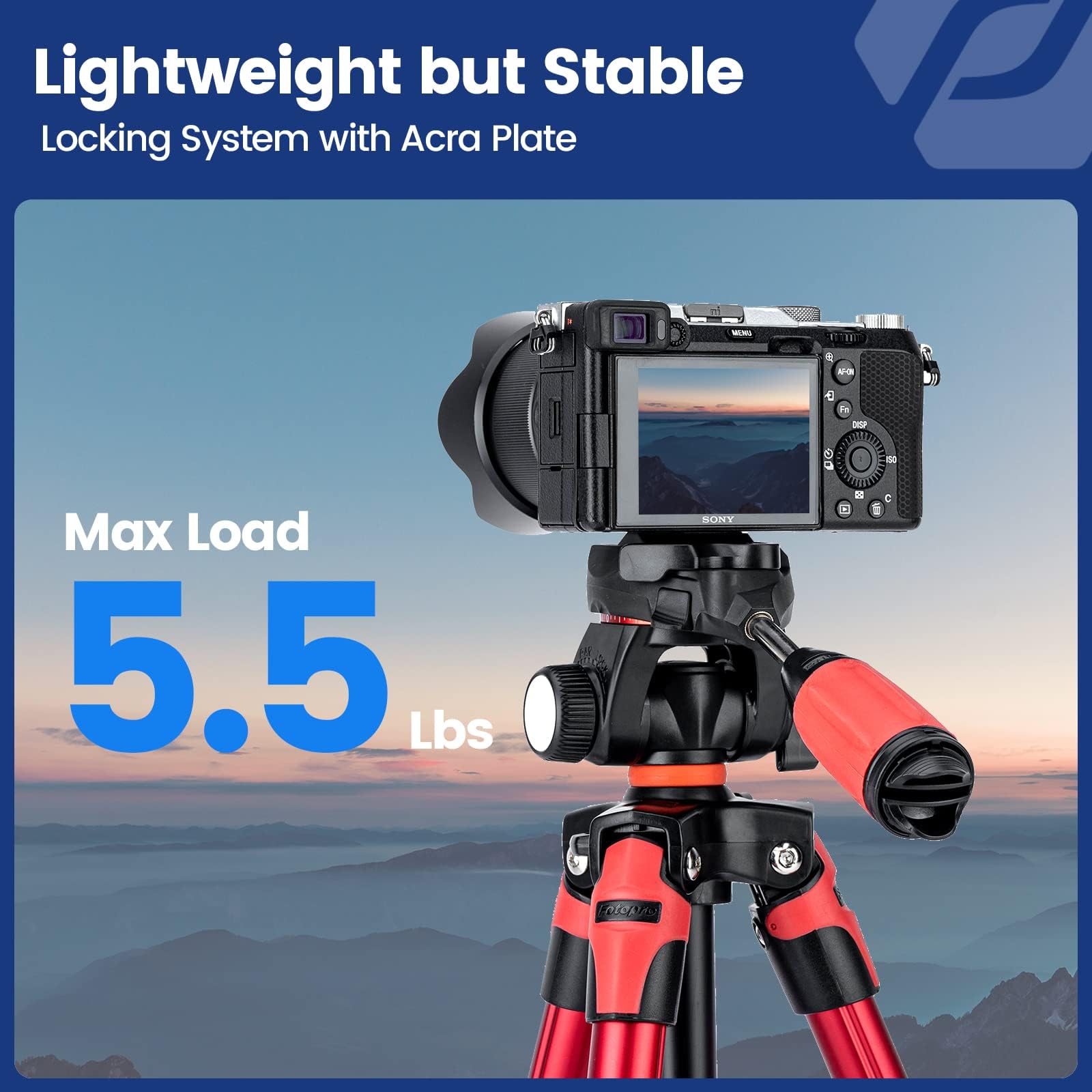Fotopro Trípode Viaje 60" Cabeza Inclinable Ligero, Placa Quick Release ， Bolsa, Compatible Teléfono/Cámara DSLR, Carga 6.6 lbs, S3 Rojo