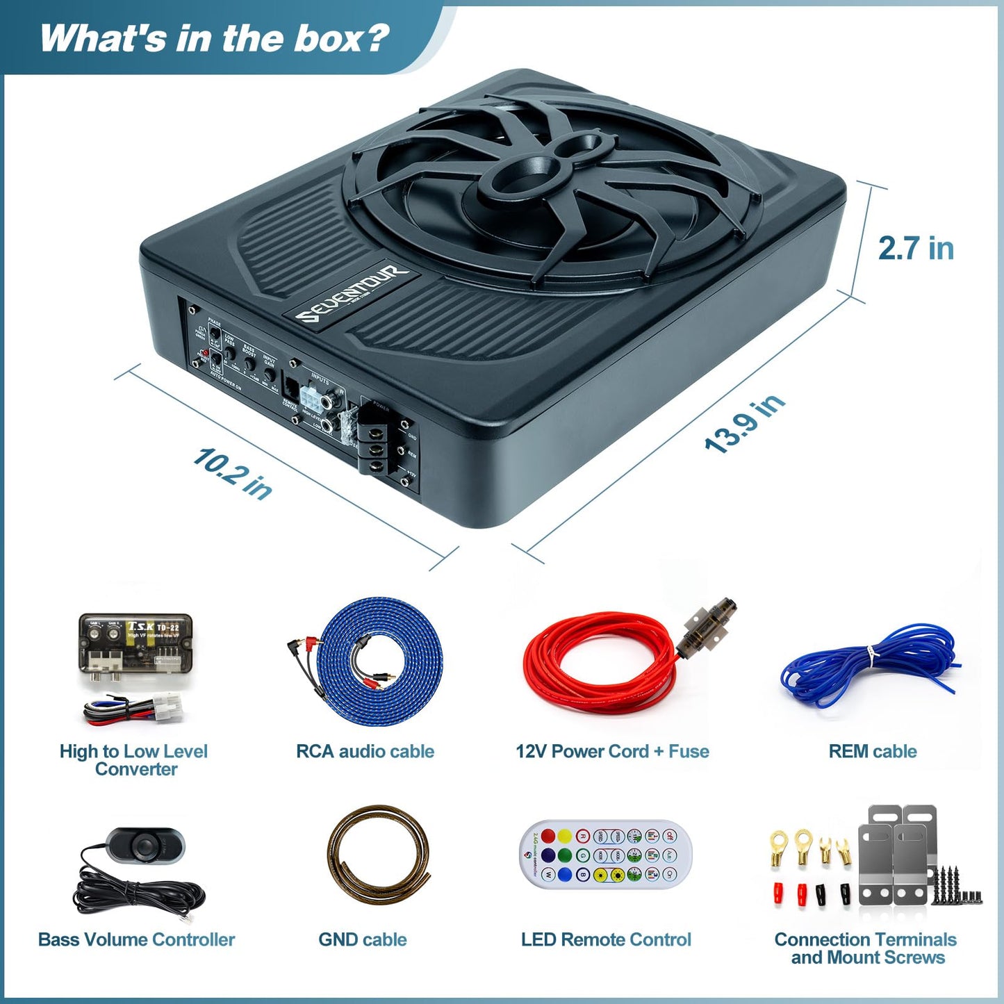 Subwoofer de 10 pulgadas de 800 W delgado alimentado por debajo del asiento, subwoofer de audio para coche/camión, amplificador integrado en combinación, con luz LED azul (subwoofer LED RGB + kit de