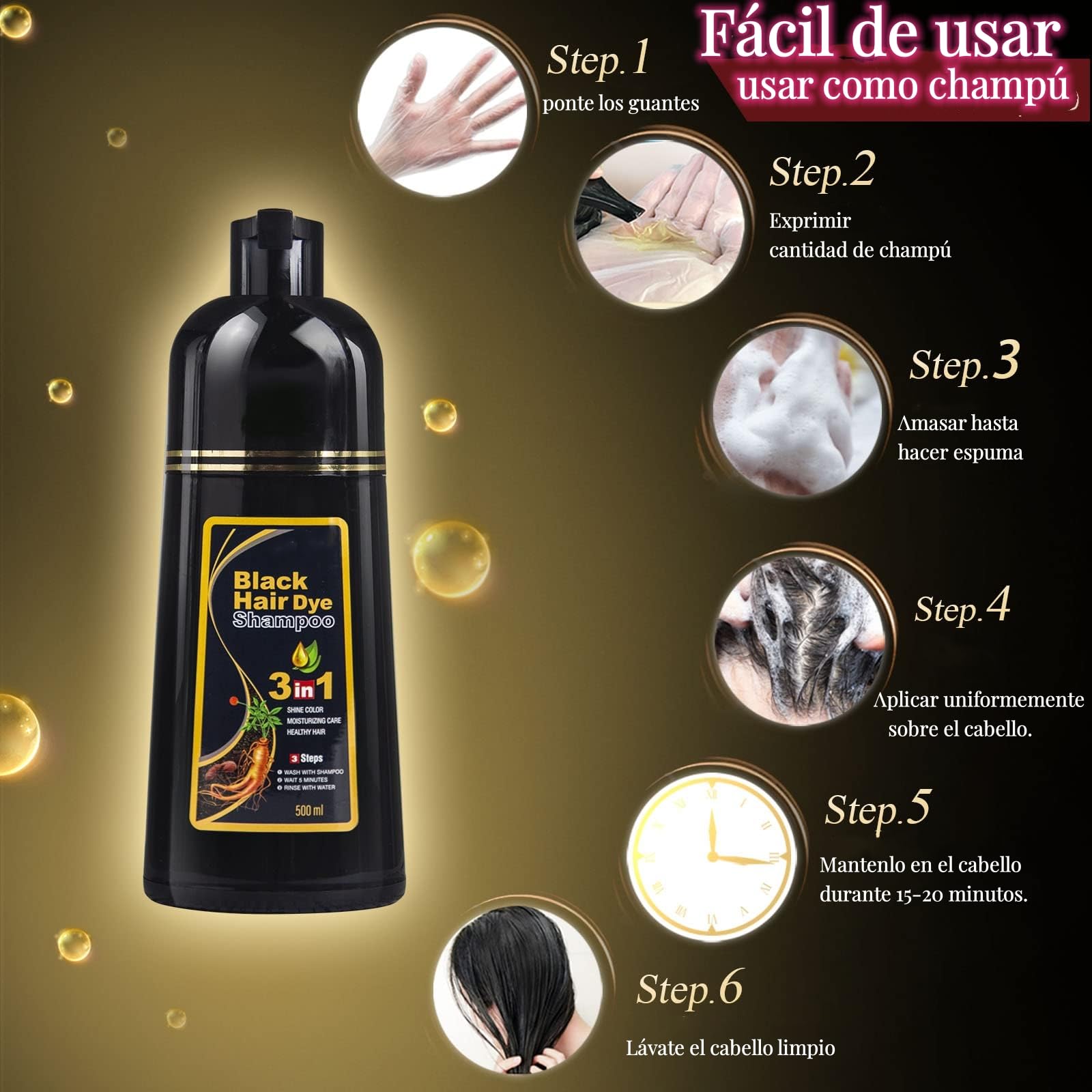 Champú Instant Hair Color para Cabello,Champú para Teñir el Cabello,Cobertura 100% de Canas,Champú para Teñir el Cabello Negro 3 en 1,Coloración a Base de Hierbas en Minutos para Mujeres y Hombres,Castaño Marron