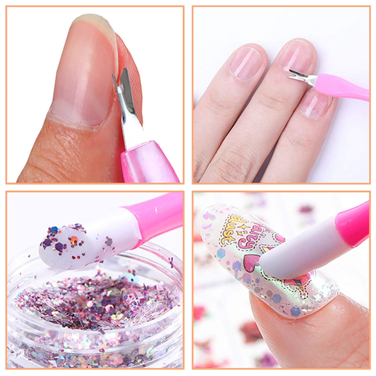 Allstarry 30 piezas removedor de cutículas de uñas, mango de plástico, limpiador de uñas, doble cabeza, piel muerta, cutículas, cuchillo, tenedor, herramientas de arte para niñas, mujeres y hombres, color rosa