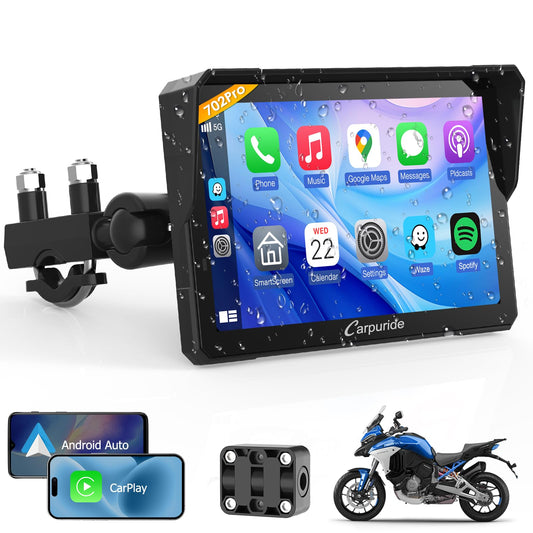 Carpuride W702PRO - visualización de navegación GPS impermeable de 7 pulgadas para motocicleta, intercambio de música, intercomunicador, ecualizador, sensor de luz, brújula, barómetro