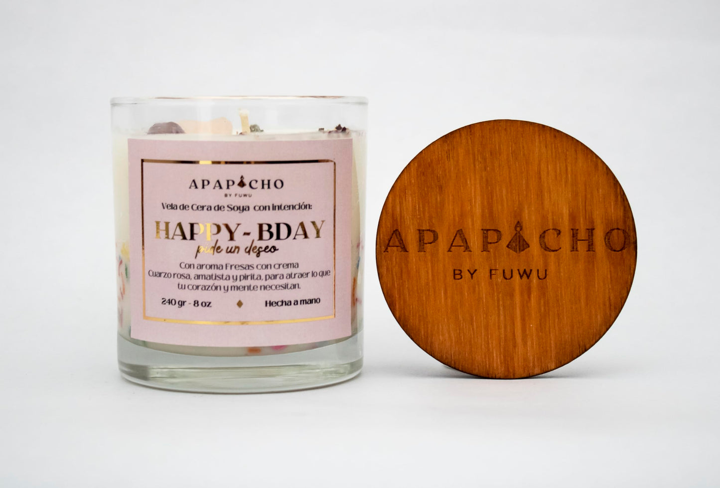 Fuwu, velas aromaticas relajantes Happy Birthday de cera de soya con cuarzos naturales, velas decorativas hechas a mano con hierbas, aromatizantes para hogar, regalos de cumpleaños (Fresas con crema)