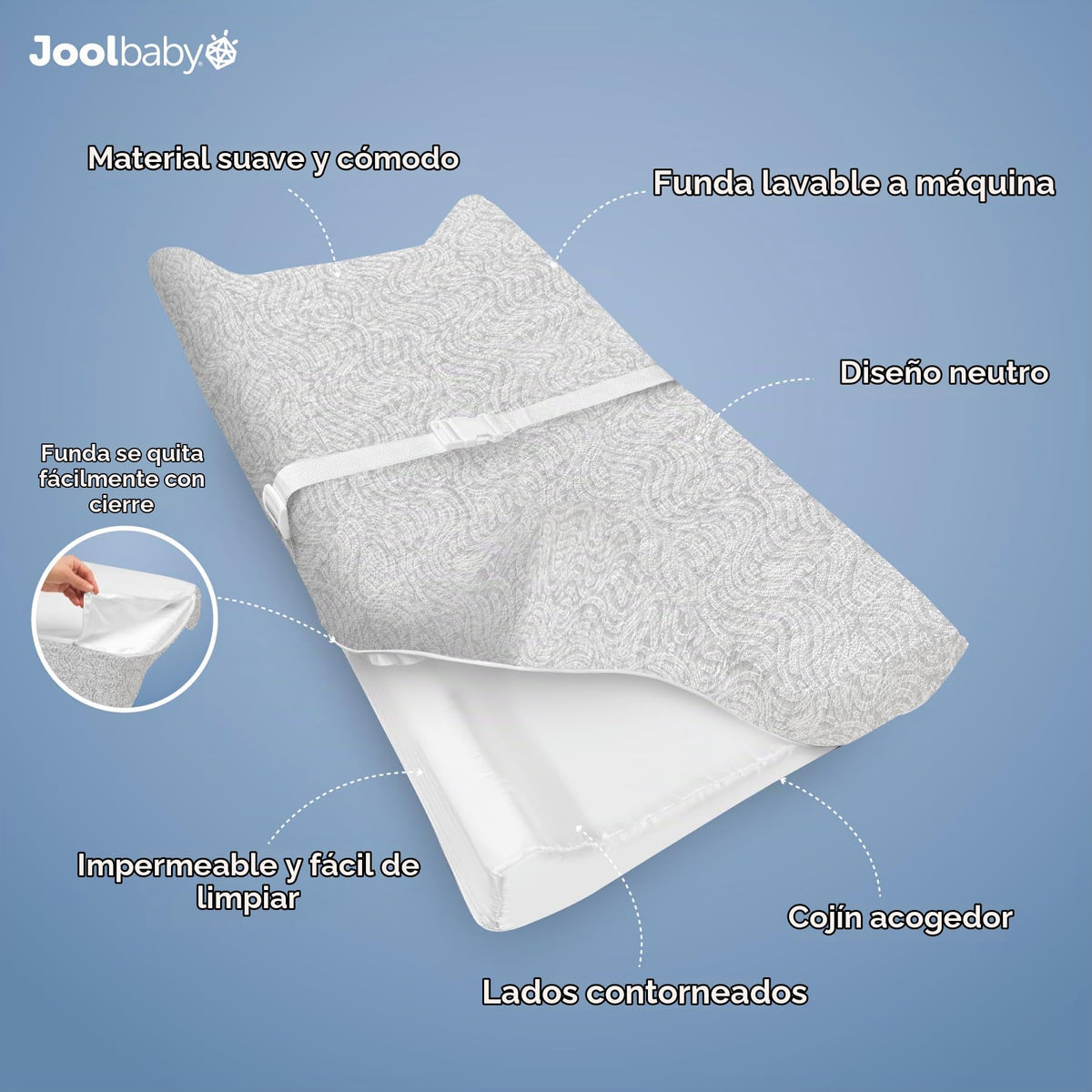 Jool Baby - Cambiador suave + funda lavable, antideslizante, se adapta a cambiadores y tocadores estándar (gris/ondulado)