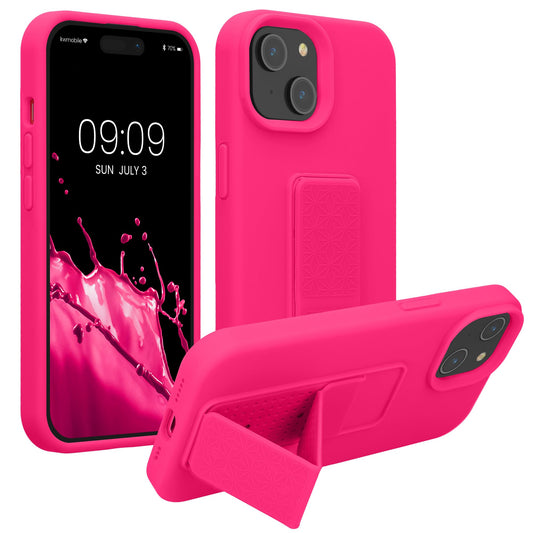 Carcasa kwmobile Rosa Neón con Soporte y Agarre para iPhone 15