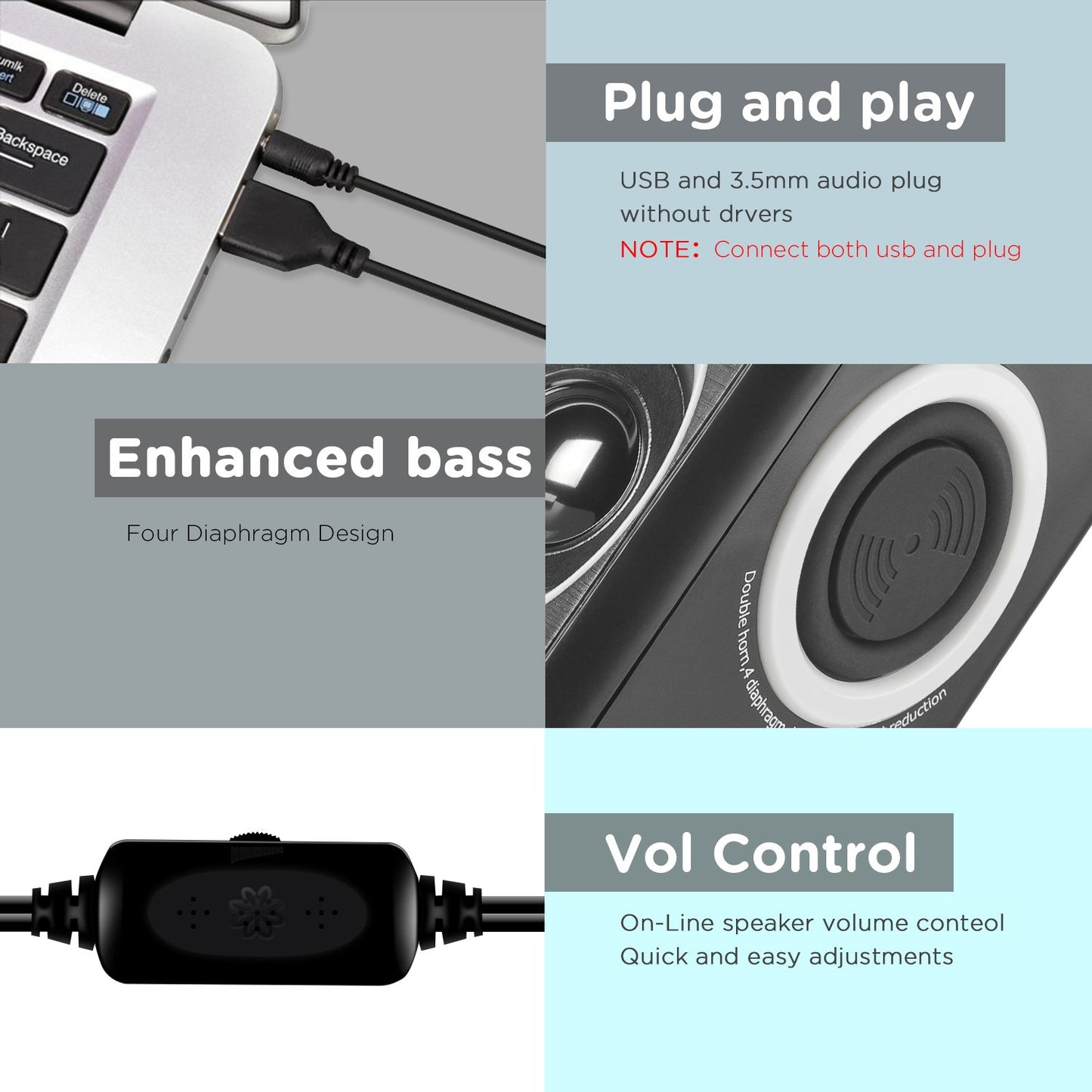 RECCAZR - Altavoces de computadora con sonido envolvente de 2 canales USB con cable para computadora de computadora/TV/PC/portátiles/teléfono inteligente, diafragma integrado de cuatro altavoces