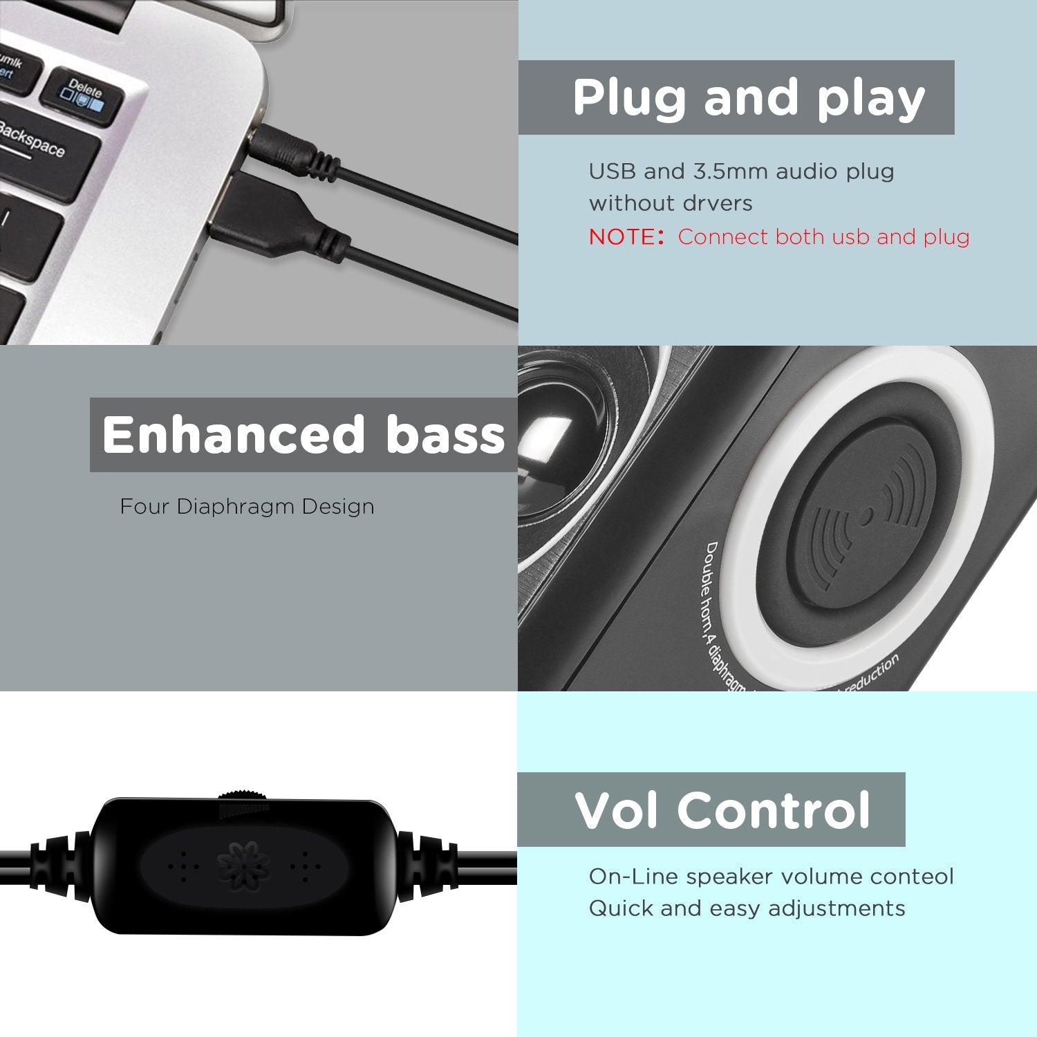 RECCAZR - Altavoces de computadora con sonido envolvente de 2 canales USB con cable para computadora de computadora/TV/PC/portátiles/teléfono inteligente, diafragma integrado de cuatro altavoces
