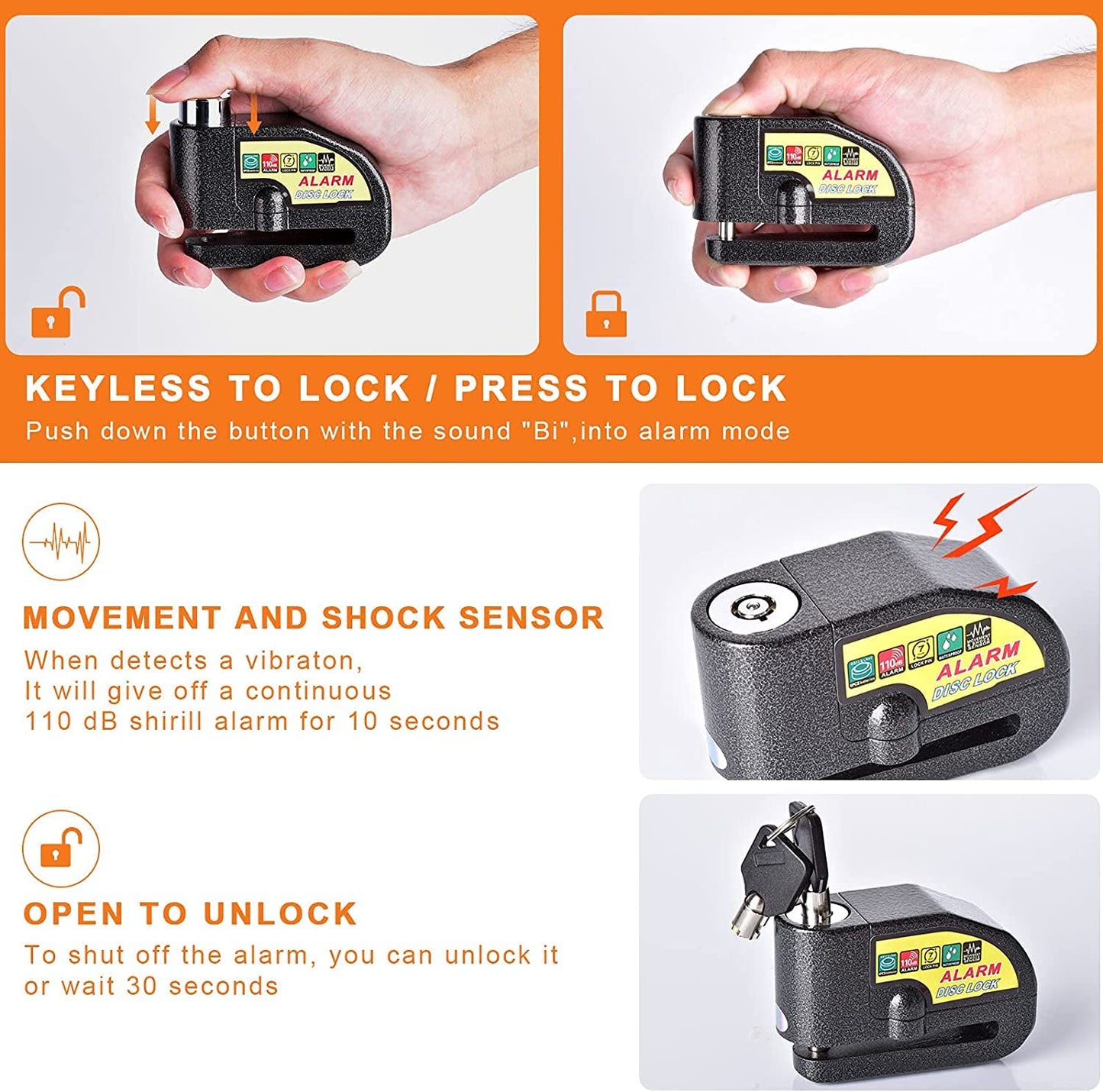 Candado de Alarma PERANNU Negro 110 dB Impermeable para Moto Scooter y Bicicleta