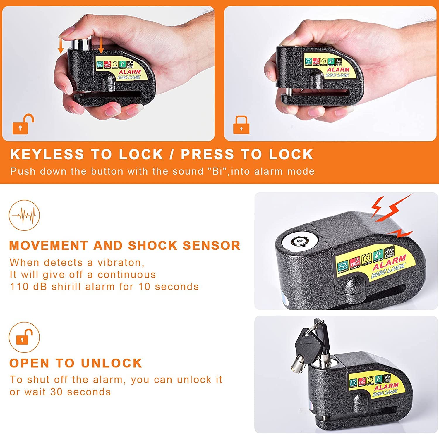 Candado de Alarma PERANNU Negro 110 dB Impermeable para Moto Scooter y Bicicleta
