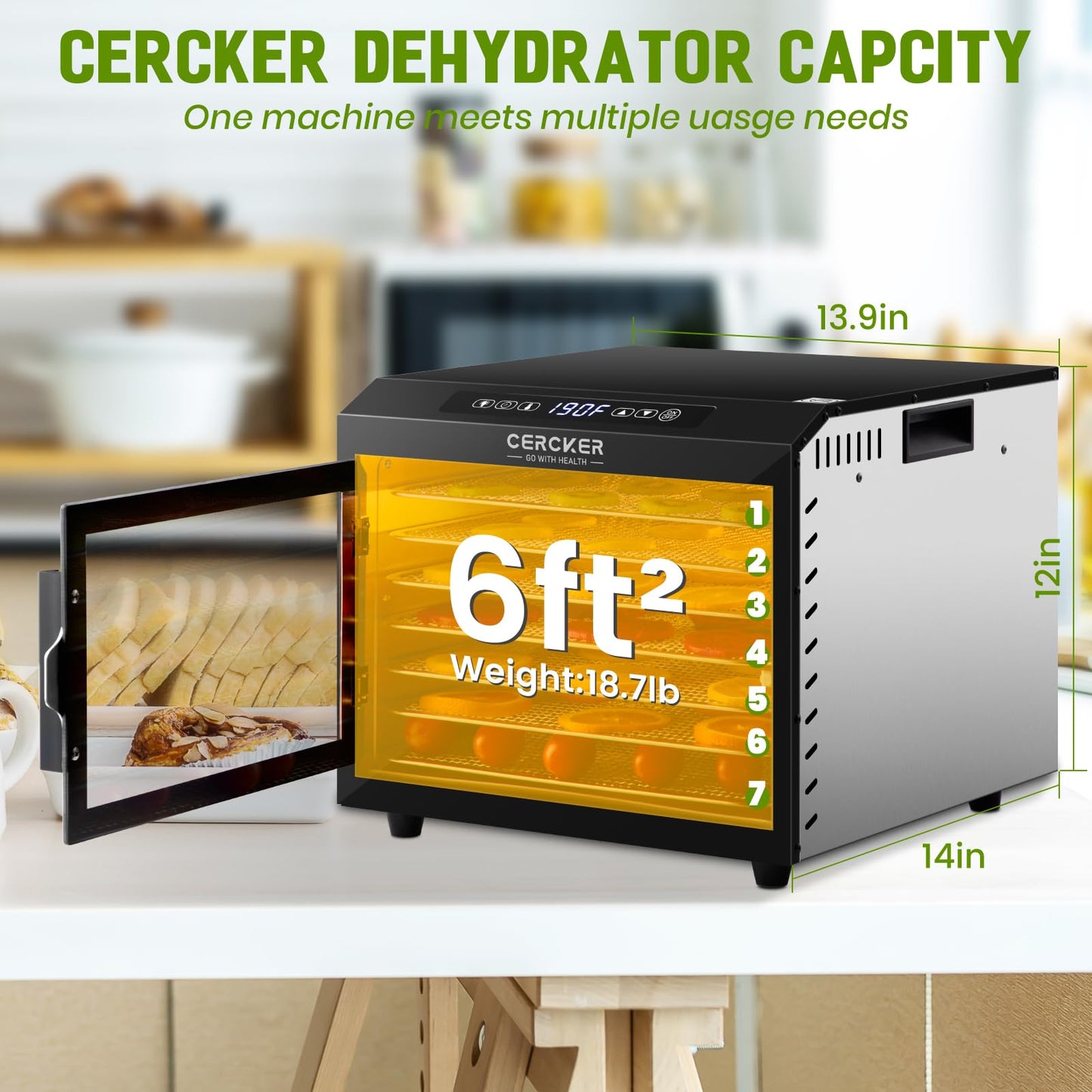 Máquina deshidratadora de alimentos, 7 bandejas de acero inoxidable, secadora de alimentos pequeña de 6 pies cuadrados, 190ºF, deshidratador de frutas 24H, secador de carne de 800 W para ceca