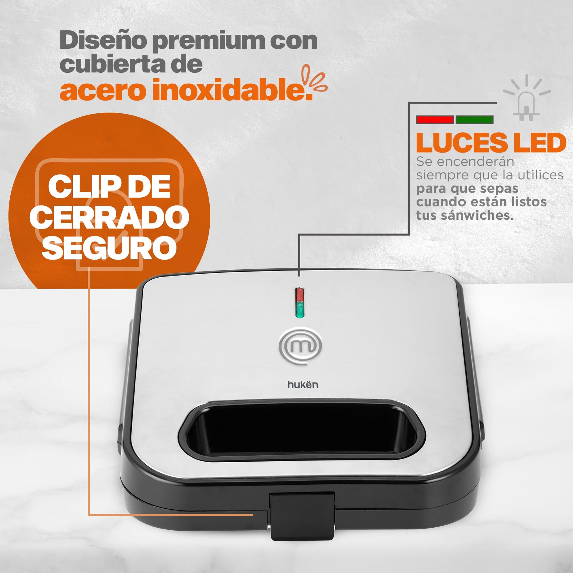 Hukën x MasterChef | Sandwichera Heat+ Premium | Capacidad para 2 Rebanadas | Acero Inoxidable de Alta Calidad | Diseño Elegante y Resistente para Resultados Óptimos
