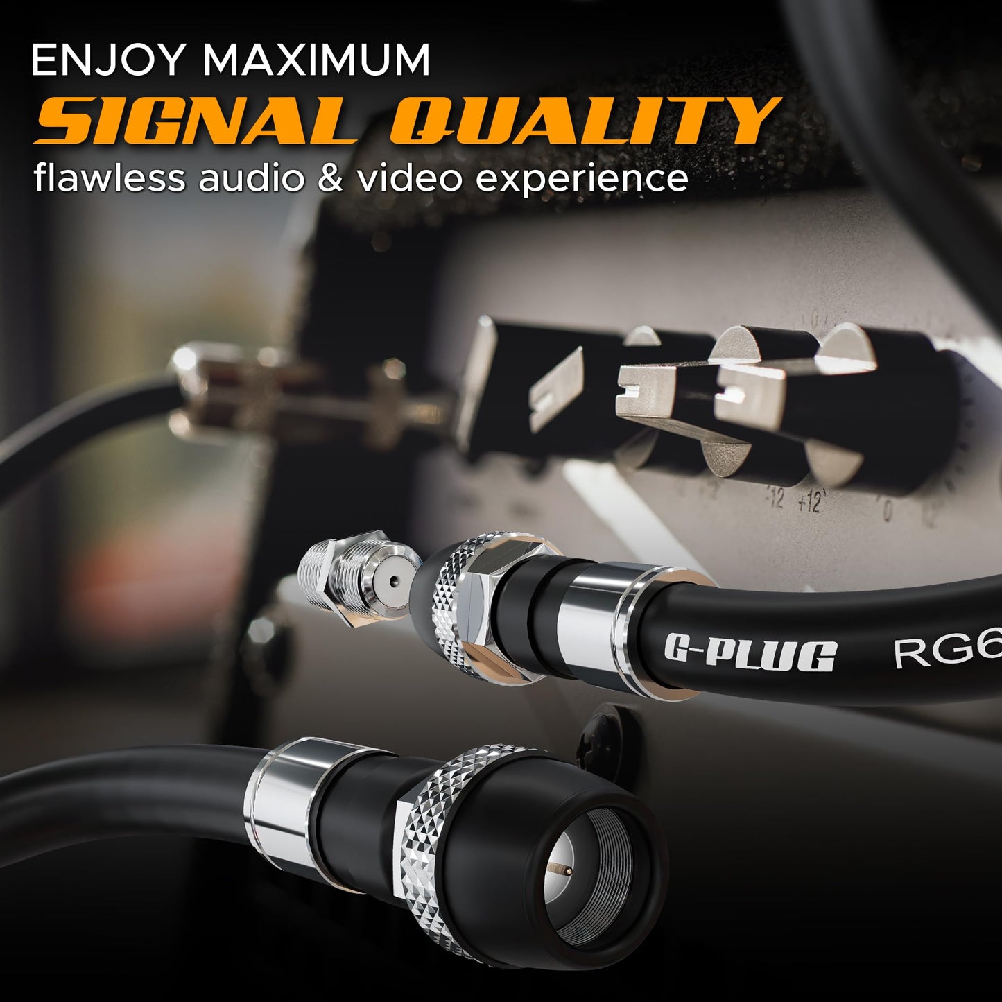 G-PLUG Cable Coaxial RG6 75 Ohm, Triple Blindaje, Impermeable, Conectores F Tipo Macho a Macho, Cable Antena TV, Satelital e Internet Banda Ancha, Incluye Acoplador F81, Negro