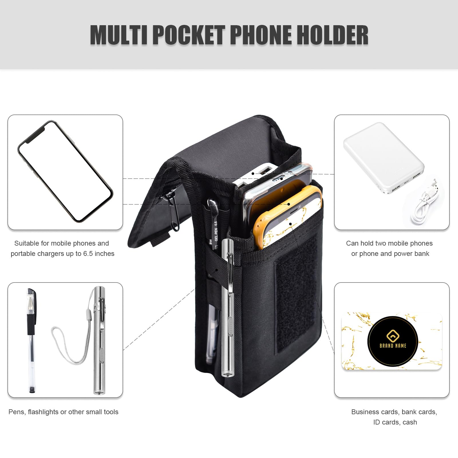 KATOLK Funda para teléfono con cinturón, soporte grande para smartphone, funda táctica multiusos para teléfono móvil, soporte para teléfono móvil para trabajo, senderismo, camping, barbacoa, rescate （Negro）