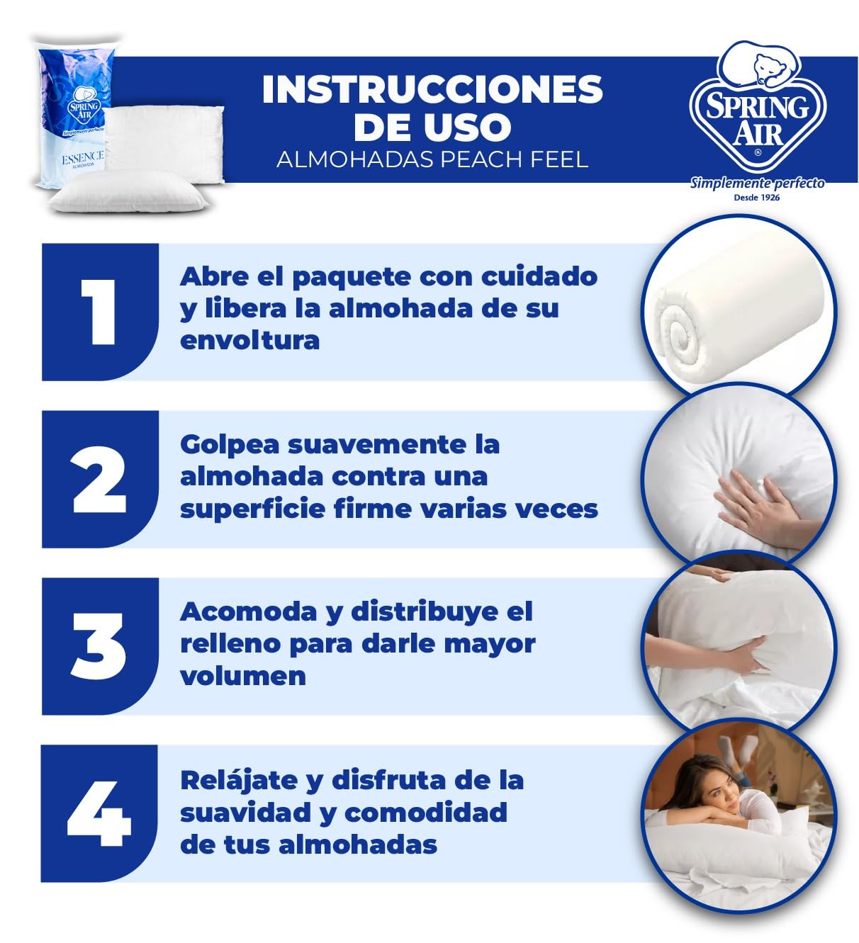 Almohadas Spring Air Essence Durazno Pack 2 soporte cabeza y cuello anti ácaros e hipoalergénico