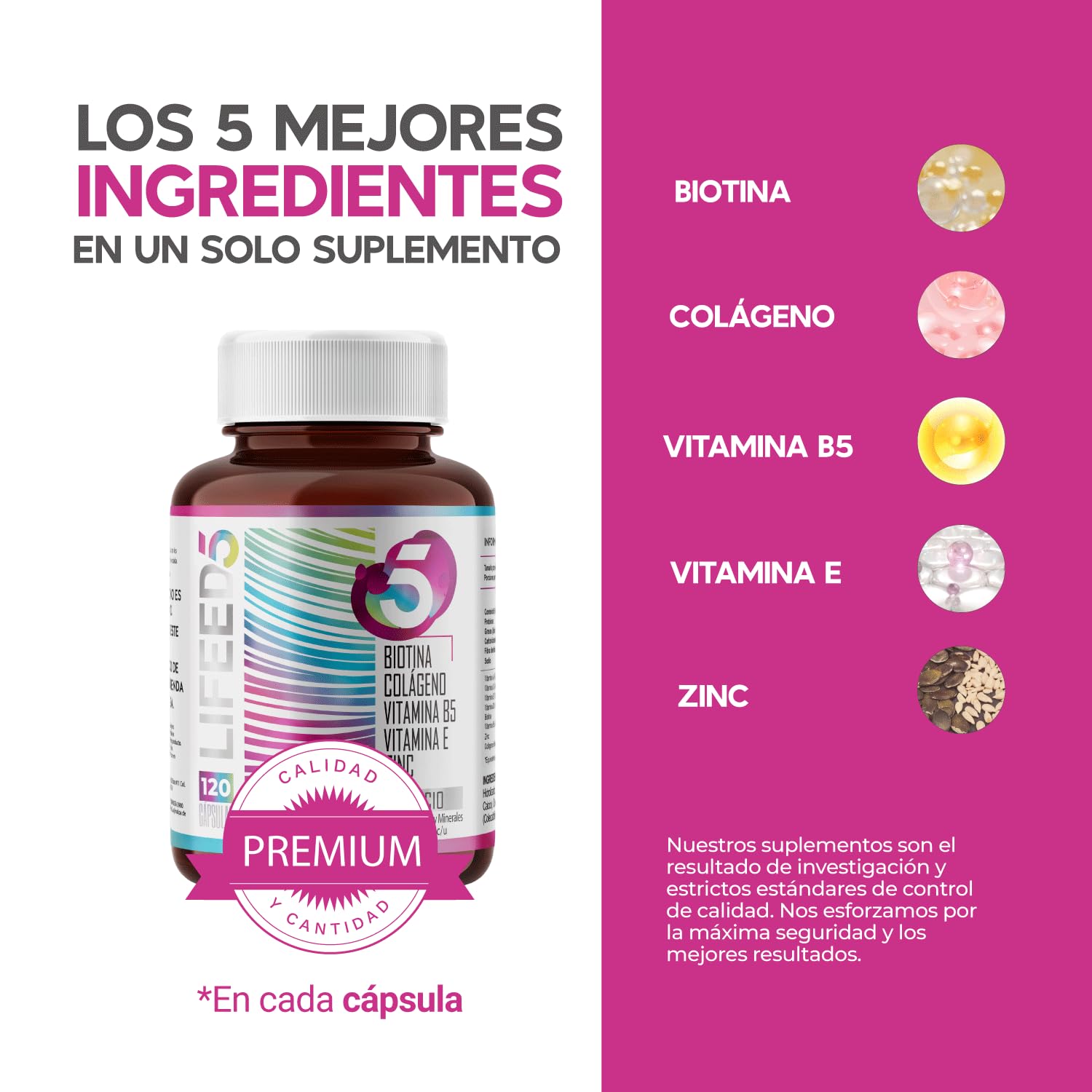 LIFEED Biotina, Colageno Hidrolizado Puro, Vitamina E, Vitamina B5 y Zinc | Suplemento Multivitaminico Mujer y Hombre | Cabello, Piel y Uñas | 120 Cápsulas | Vitaminas para el Cabello