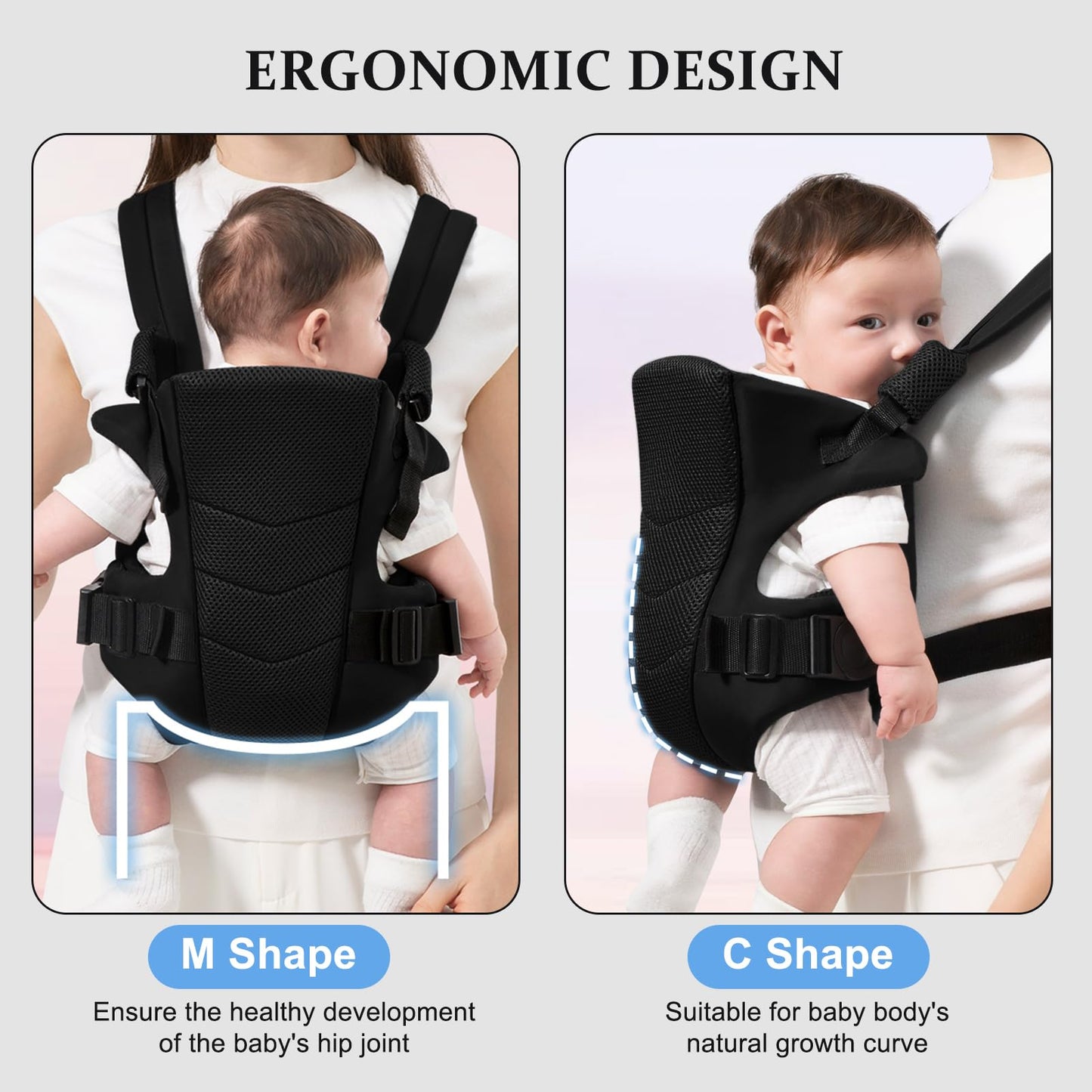 Ocanoiy - Portabebés transpirable, soporte de bebé ajustable, soporte ergonómico para bebés pequeños, orientado hacia adentro, hacia afuera y posiciones de transporte de espalda soportadas (negro)