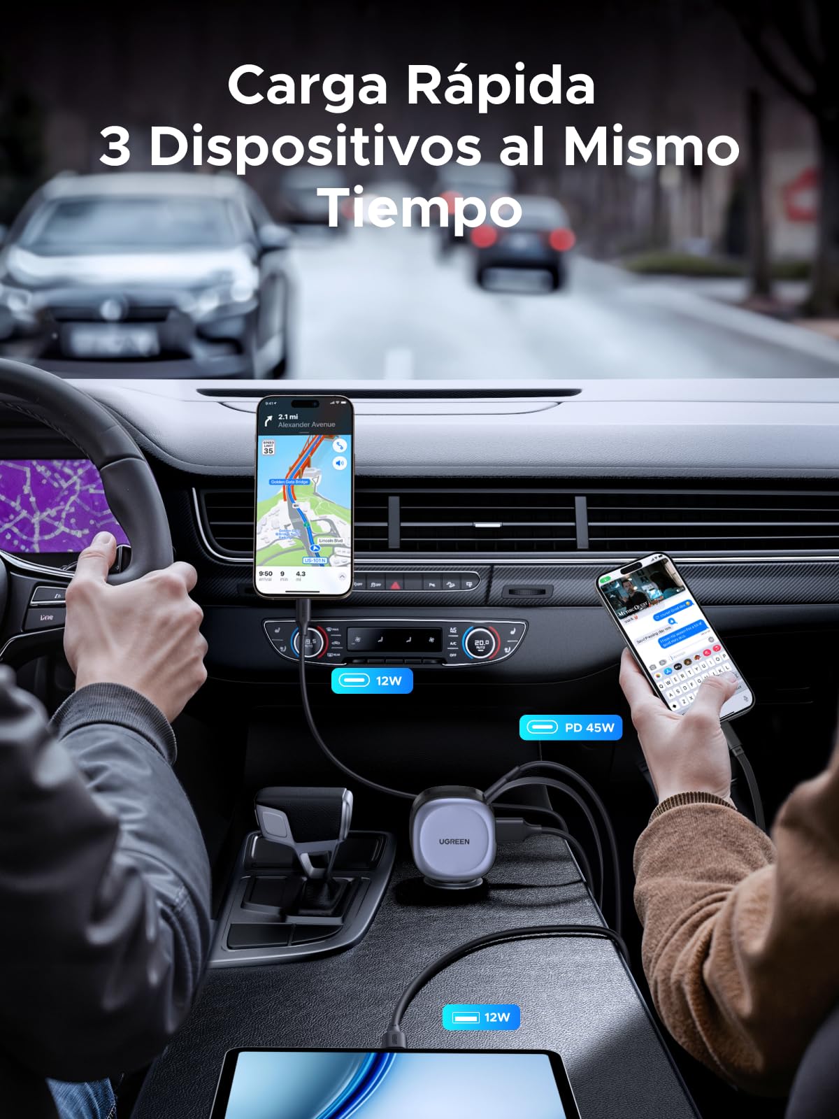 UGREEN 75W Cargador para Auto Retráctil USB C, 3 en 1 Adaptador de Coche con 60W Cable Tipo C Carga Rápida Compatible con iPhone 16 Pro MAX 15 14, Pixel 9 8 7, Galaxy S25 Ultra S24 S23, iPad