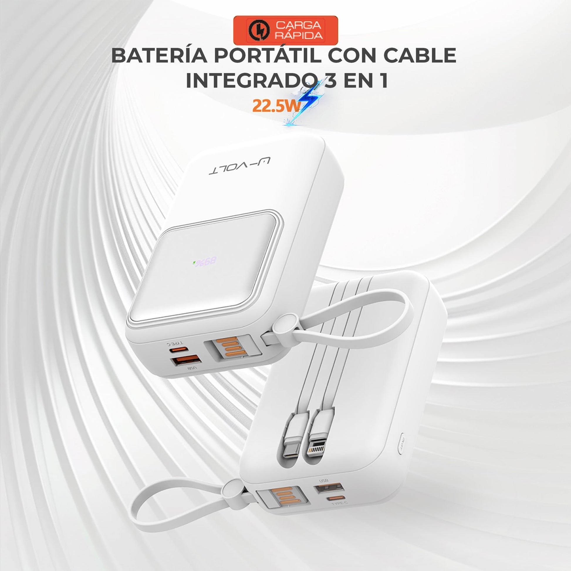 CELULARTE Power Bank U-Volt 20,000 mAh con Cables Integrados, Carga Rápida 22.5W, Batería Portátil con Pantalla Digital para iPhone, Samsung, Xiaomi, iPad y Más (Blanco)
