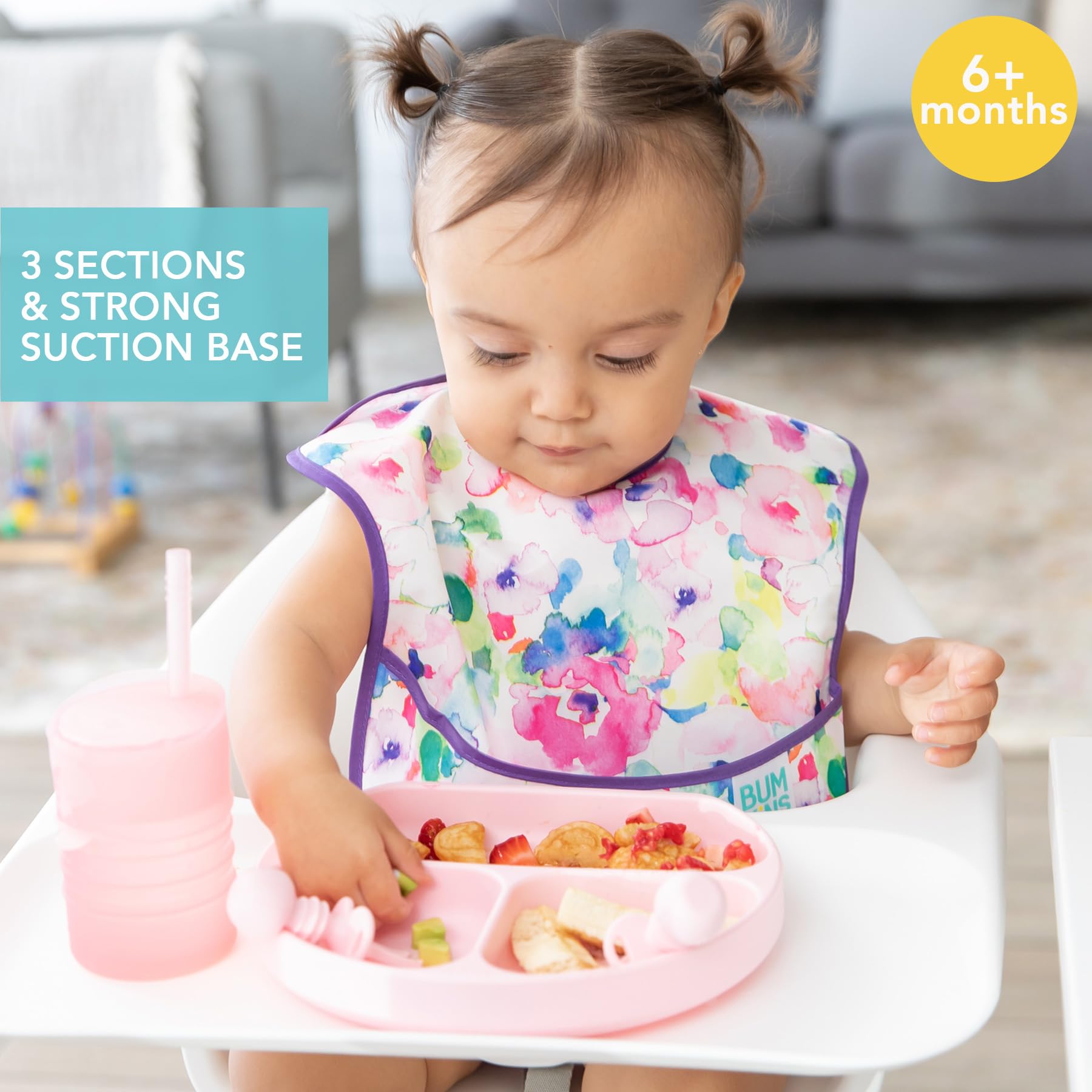 Bumkins - Plato de succión para bebés y bebés, plato de agarre dividido para bebés y niños, destete LED para bebés, suministros de alimentación, se adhiere a mesas y sillas altas, silicona platino,